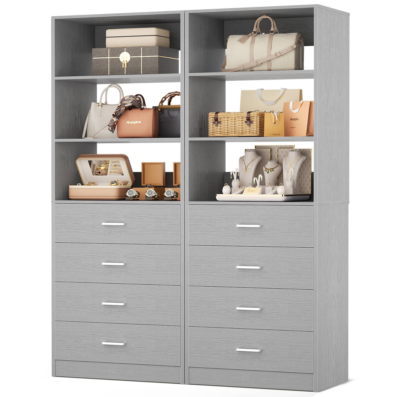 Angle. Aheaplus - 80'' Tall Bookcase with 8 Wooden Drawers, 42.5'' Wide Storage Unit with 4 Shelves, 2-Piece Set - Gray.