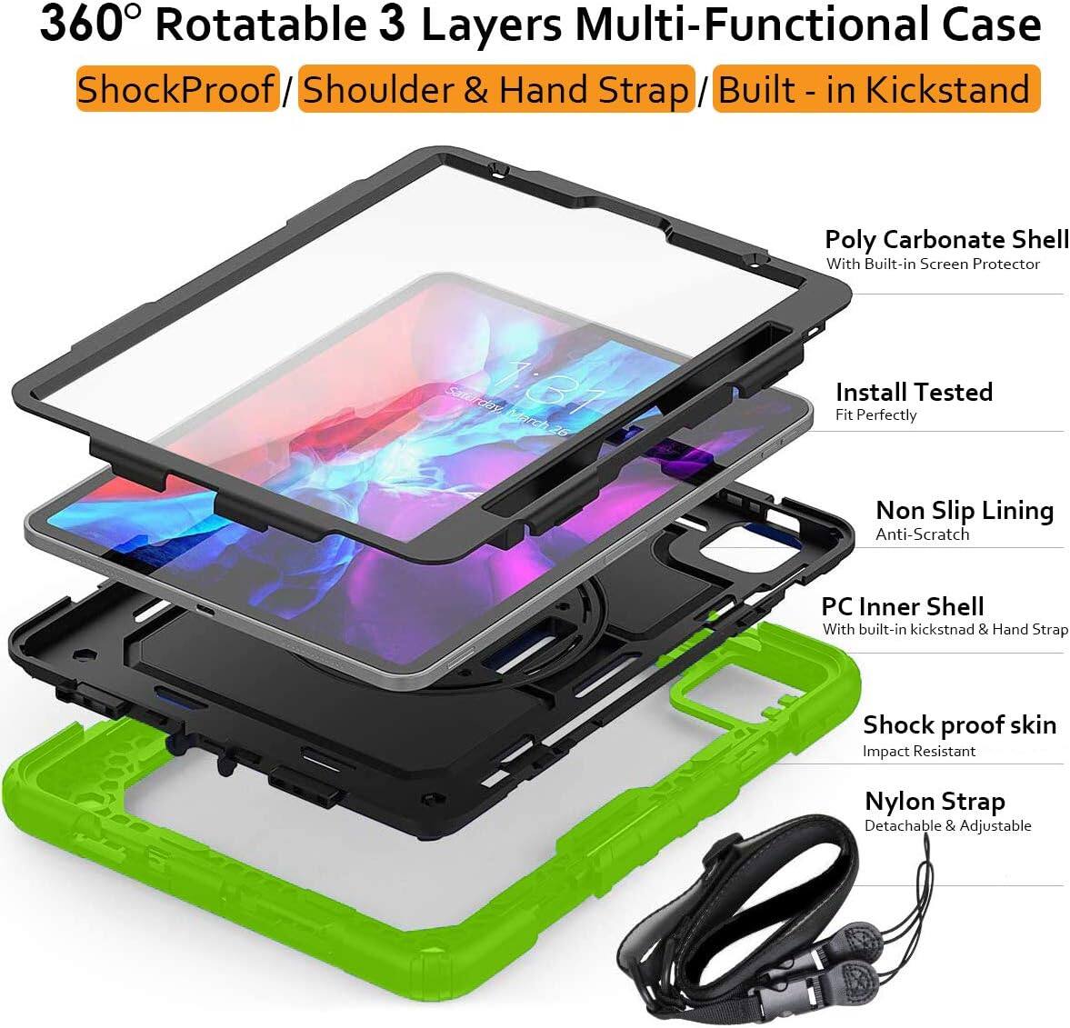 360° Rotatable 3 Layer Multi-Functional Case  
ShockProof / Shoulder & Hand Strap / Built-in Kickstand  

Poly Carbonate Shell With Built-in Screen Protector  
Install Tested Fit Perfectly  
Non Slip Lining Anti-Scratch  
PC Inner Shell With built-in kickstand & Hand Strap  
Shock proof skin Impact Resistant  
Nylon Strap Detachable & Adjustable