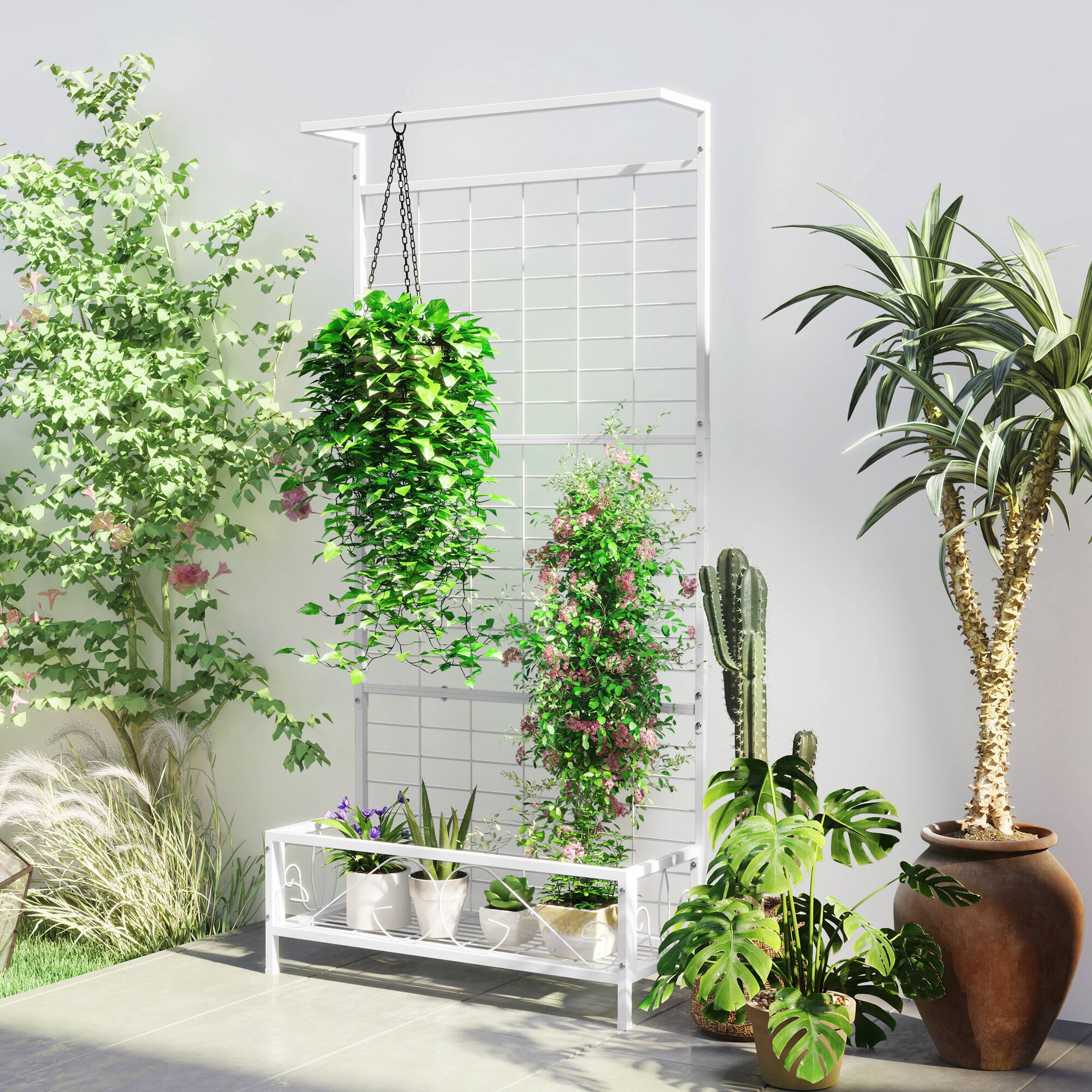 Alt View 1. Outsunny - Tall Plant Stand with Trellis and Hanging Bar, Metal Plant Holder Flower Stand, 35" x 12.8" x 74" - White.