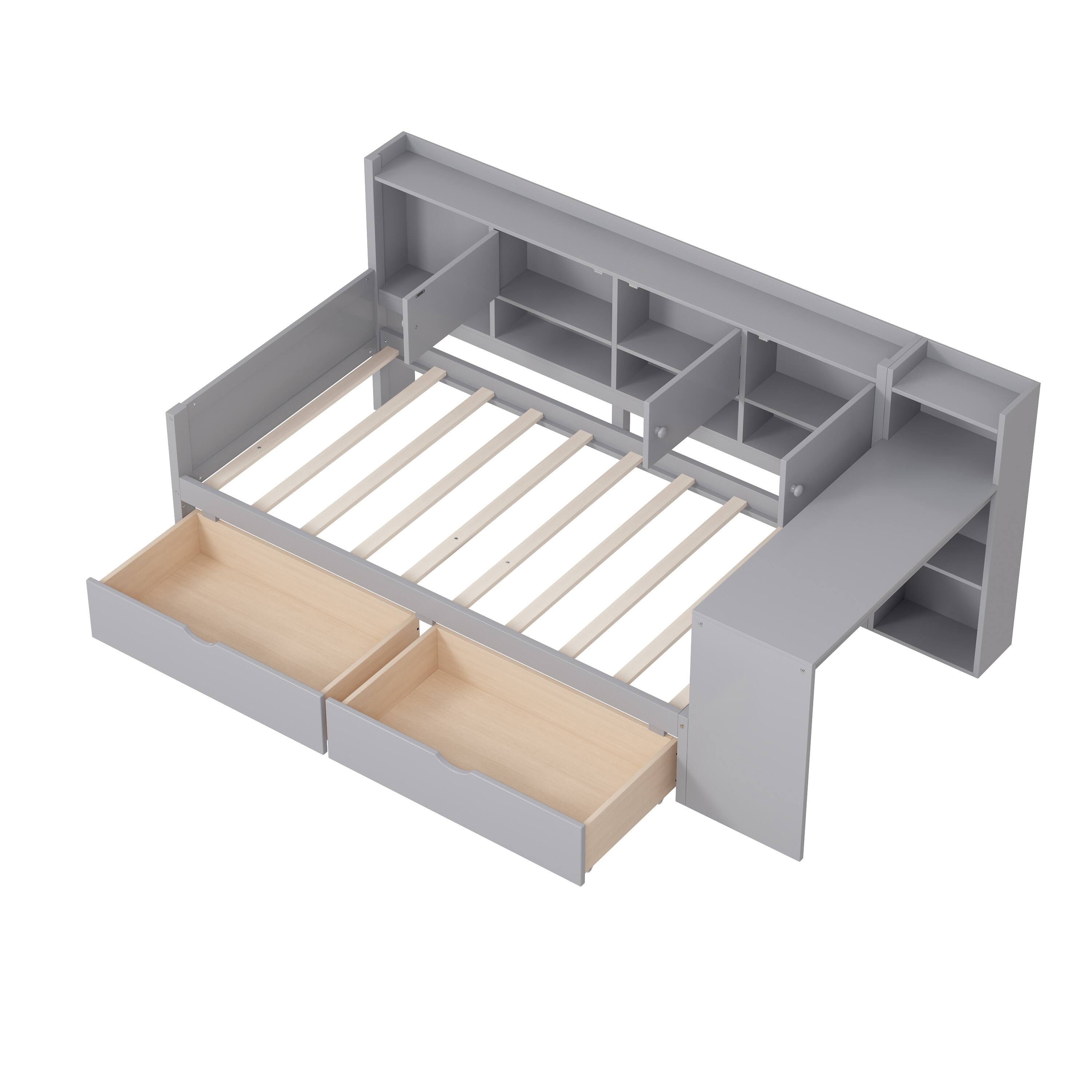 Alt View 7. Tiramisubest - Twin Size Daybed with Storage 3 Cabinets and 2 Drawers, Daybed Frame with Study Desk and Built-in Bookshelf,Gray - Gray.