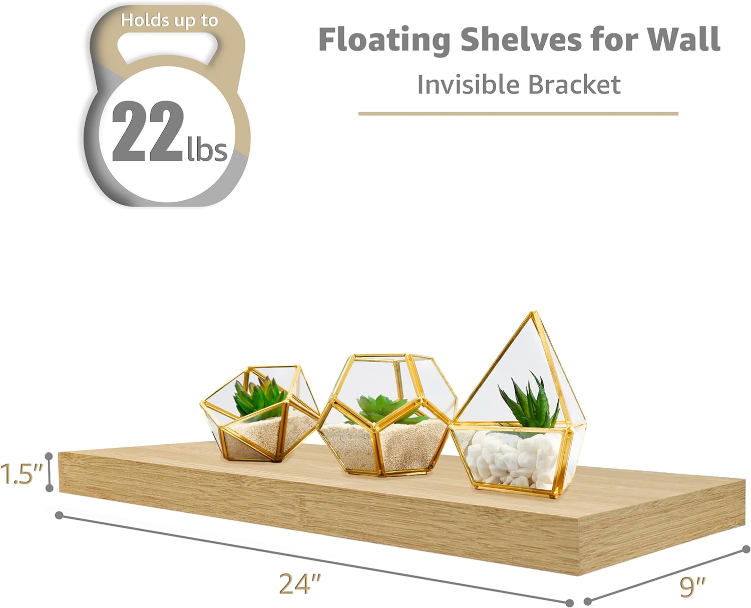 Holds up to 22 lbs, Floating Shelves for Wall, Invisible Bracket, 1.5", 24", 9"