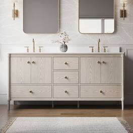 WELLFOR - ETHAN 72 in. Solid Wood Bath Vanity with Quartz Top, Double Sink, Soft Close, Assembled - OAK