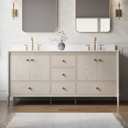 Front. WELLFOR - ETHAN 72 in. Solid Wood Bath Vanity with Quartz Top, Double Sink, Soft Close, Assembled - OAK.