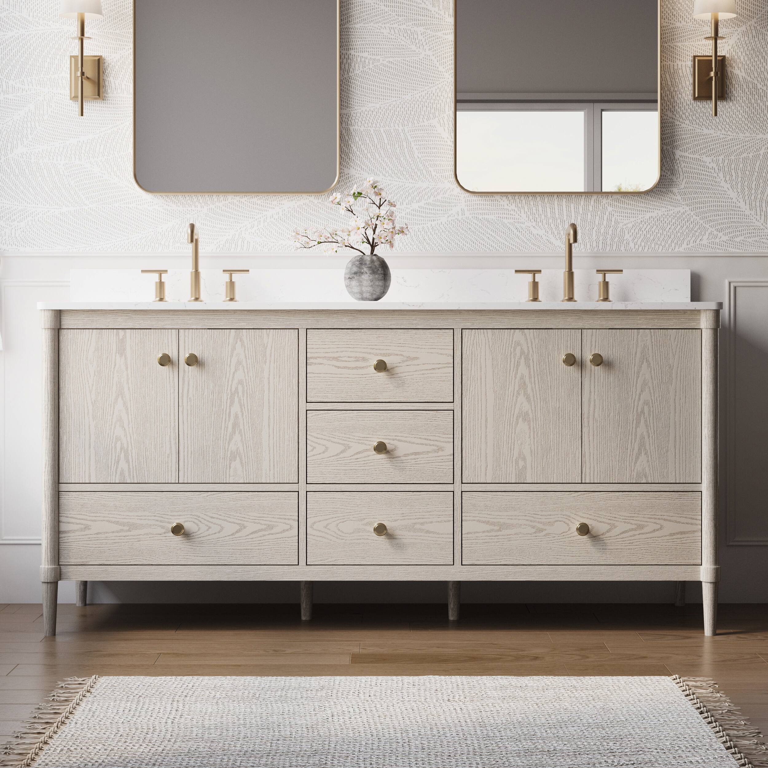 Front. WELLFOR - ETHAN 72 in. Solid Wood Bath Vanity with Quartz Top, Double Sink, Soft Close, Assembled - OAK.