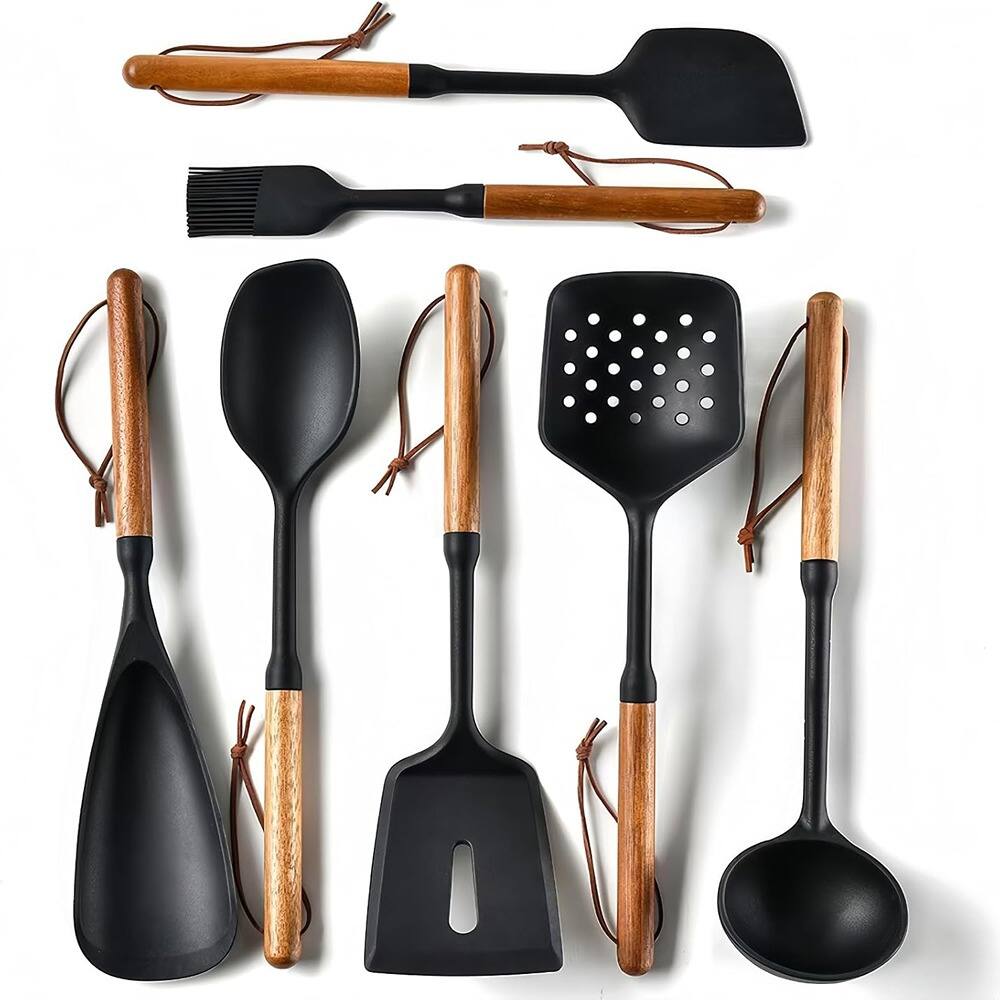 Front. RTMB - High-quality silicone cooking utensils set with wood handles - Black.