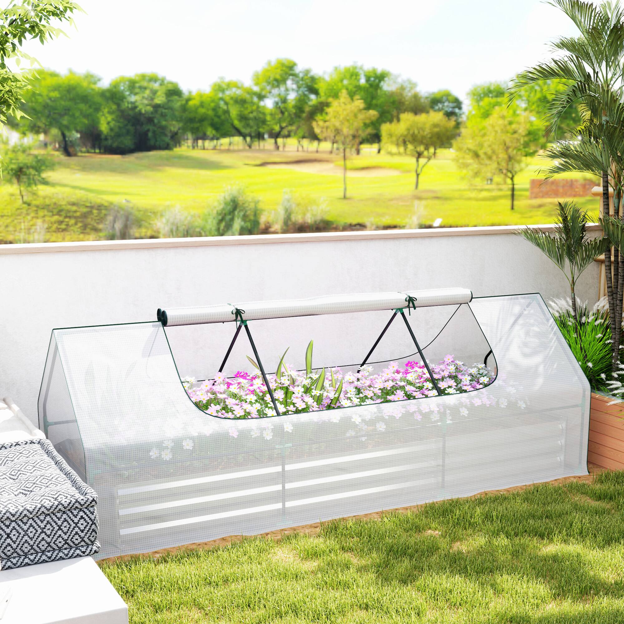 Alt View 1. Outsunny - x 3 x 1ft Metal Planter Box with Mini Greenhouse, Galvanized Raised Garden Bed with Cover - White.