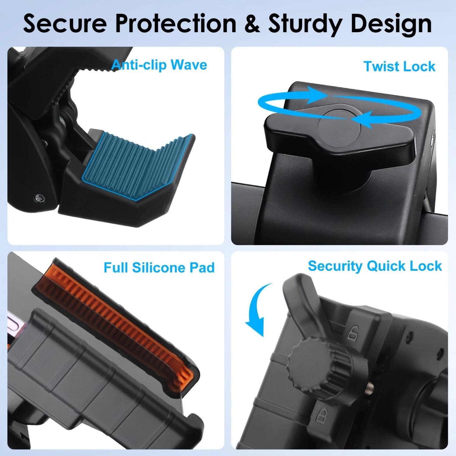 Secure Protection & Sturdy Design

- Anti-clip Wave
- Twist Lock
- Full Silicone Pad
- Security Quick Lock