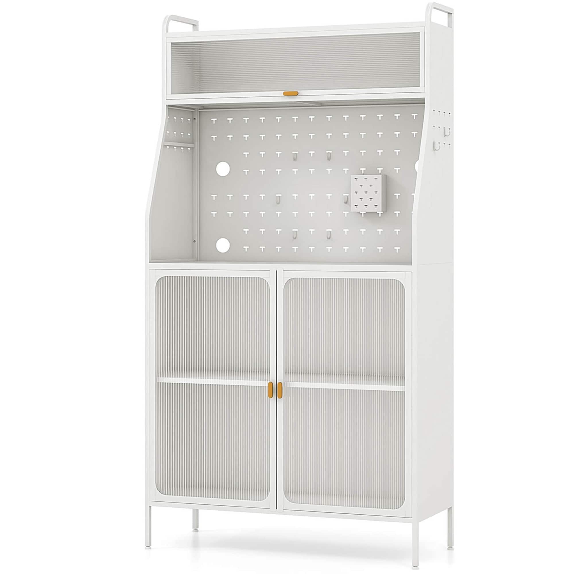 Costway - 5-tier Metal Kitchen Bakers Rack with Pegboard 8 Hooks 5-position Adjustable Shelf - White & Gold