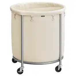 Songmics Home - 63.5-Gallon(240 L)Laundry Basket with Wheels,Rolling Round Heavy-Duty Laundry Hamper Cart,Steel Frame,Removable Bag - Cream White and Metallic Silver