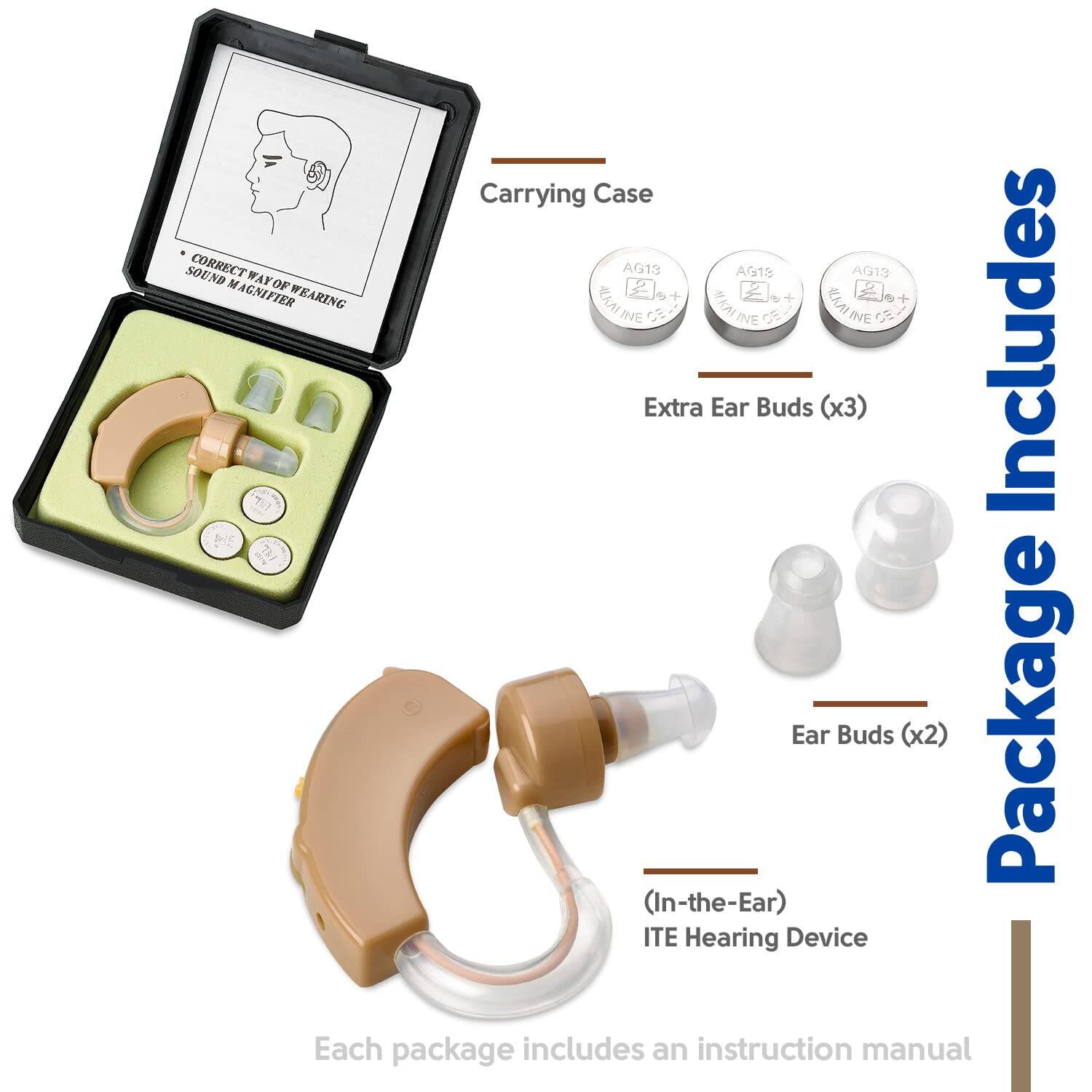 Carrying Case  
- Correct Way of Wearing Sound Magnifier  

Package Includes  
- Extra Ear Buds (x3)  
- Ear Buds (x2)  
- (In-the-Ear) ITE Hearing Device  

Each package includes an instruction manual