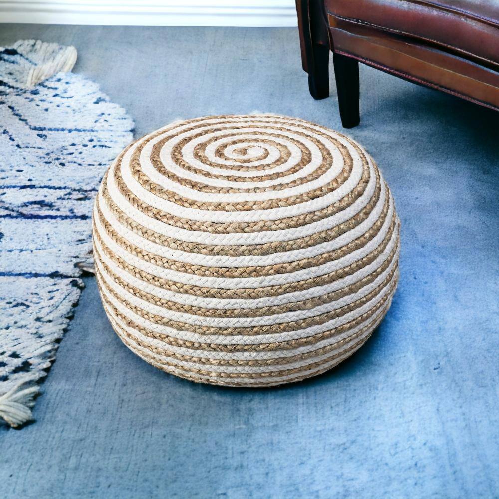 Left. Hivvago - Hivvago 20 Inch Cotton Blend Round Striped Pouf Ottoman - Brown, White.