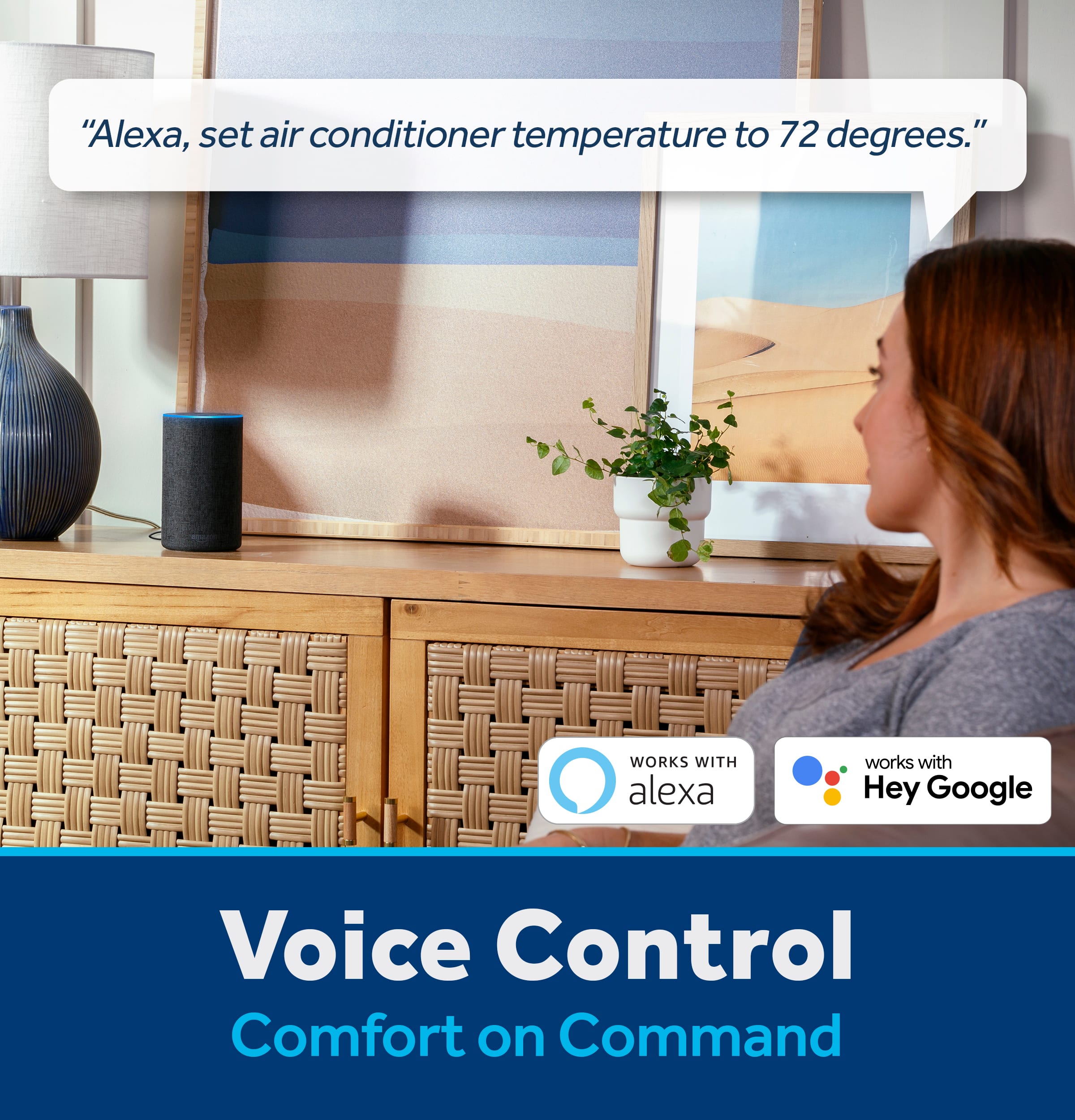 "Alexa, set air conditioner temperature to 72 degrees." WORKS WITH alexa works with Hey Google Voice Control Comfort on Command.