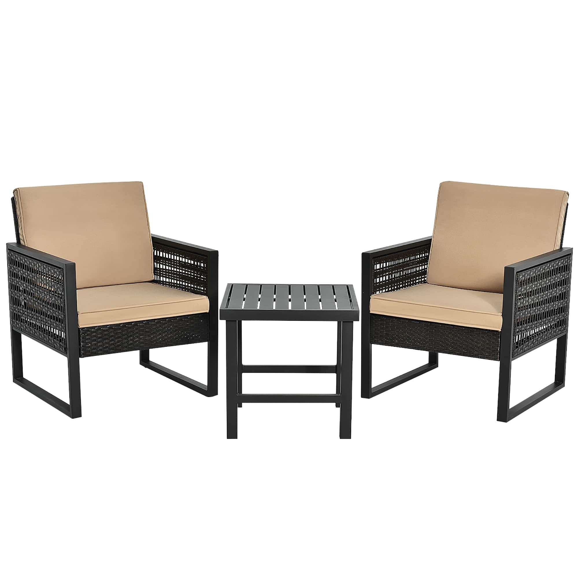 Costway - 3PCS Patio Rattan Bistro Furniture Set Cushioned Sofa Chair Coffee Table Garden - Brown