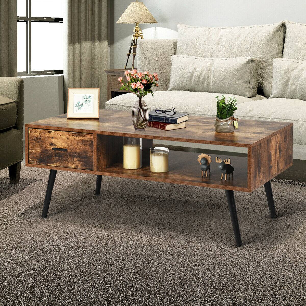 Alt View 3. Gymax - Gymax Retro Coffee Table Mid Century Modern Living Room Furniture w/Open Storage Shelf - Rustic Brown.
