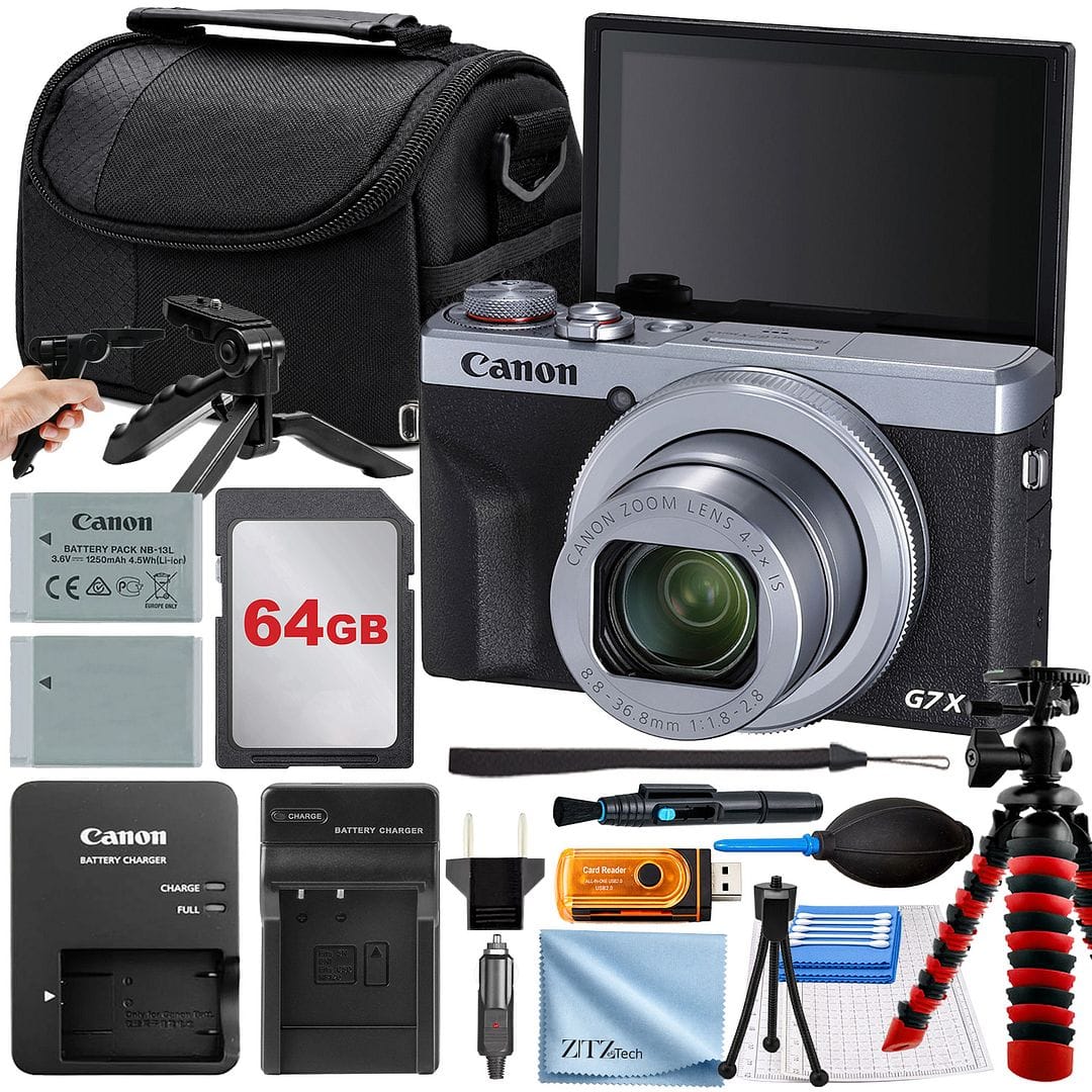 Canon - PowerShot G7 X Mark III Camera with 64GB Card + Case + Tripod + Pistol Grip + ZeeTech Pro - Silver