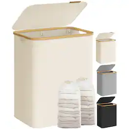 Songmics Home - 2-Section Laundry Hamper with Lid – 34.3-Gallon Collapsible Basket with Mesh Liner and Bamboo Handles - White