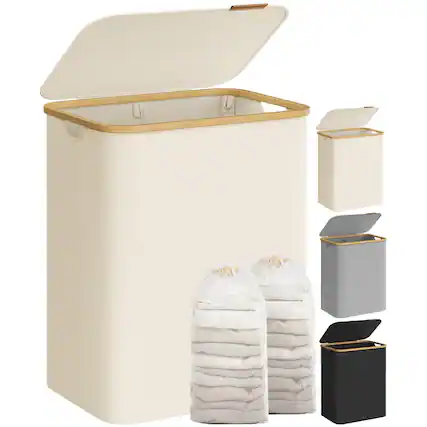 Front. Songmics Home - 2-Section Laundry Hamper with Lid – 34.3-Gallon Collapsible Basket with Mesh Liner and Bamboo Handles White - White.
