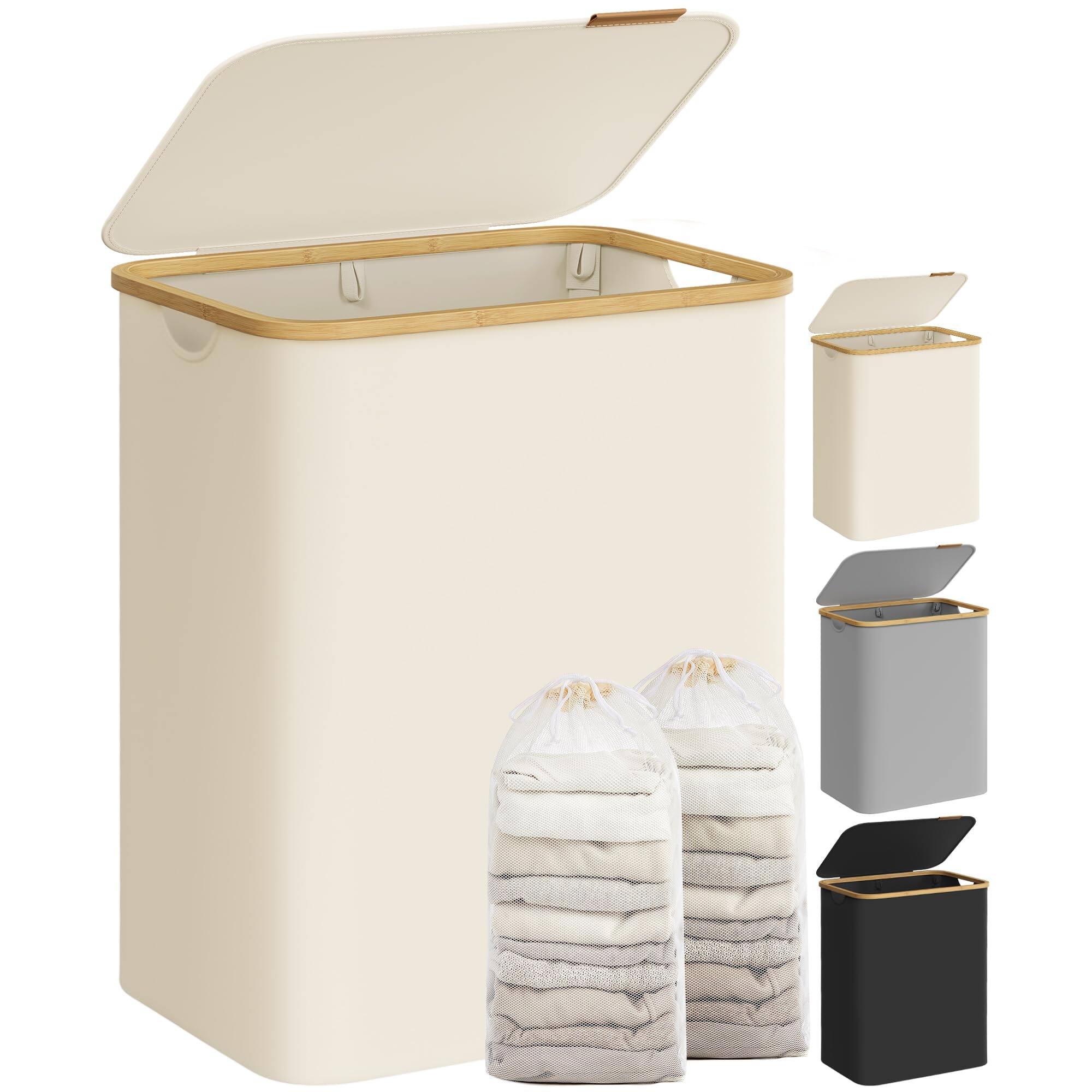 Front. Songmics Home - 2-Section Laundry Hamper with Lid – 34.3-Gallon Collapsible Basket with Mesh Liner and Bamboo Handles White - White.