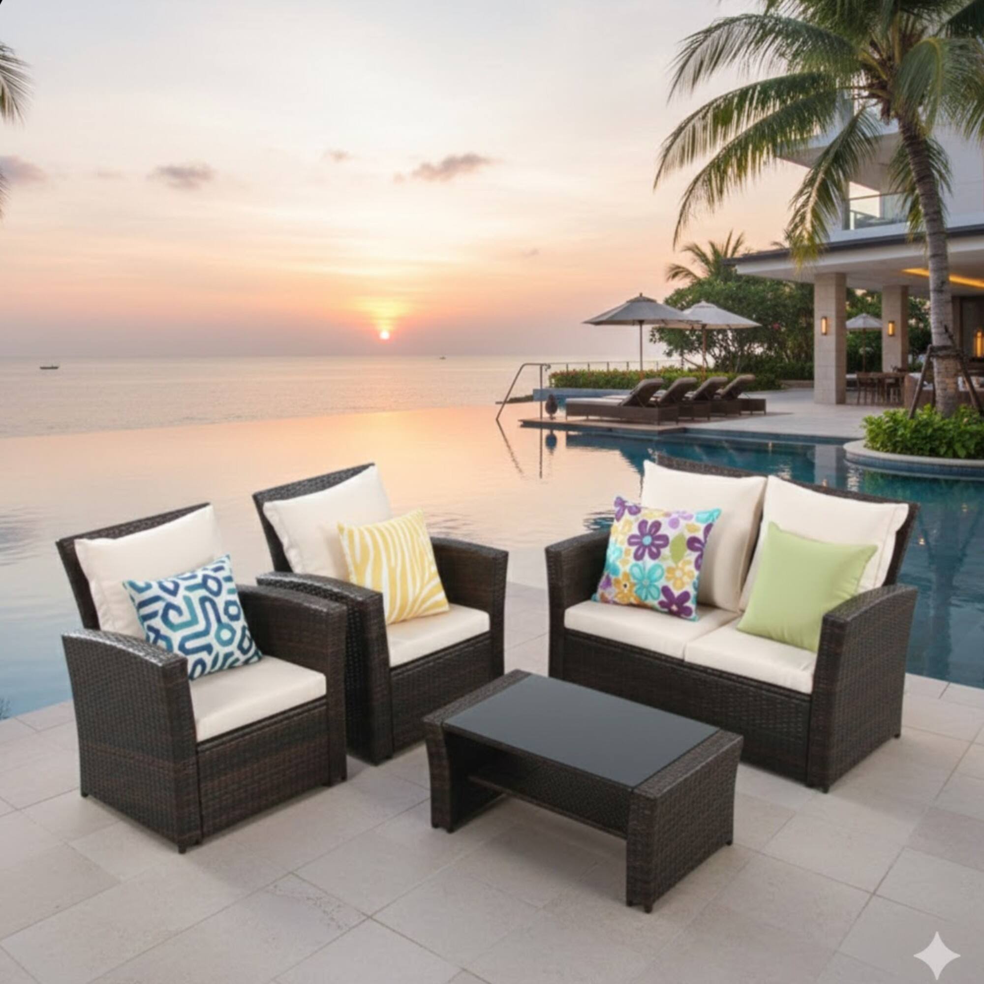 Left. Mondawe - 4-Piece Wicker Patio Conversation Set with Glass Table and Cushions - Brown+Beige.