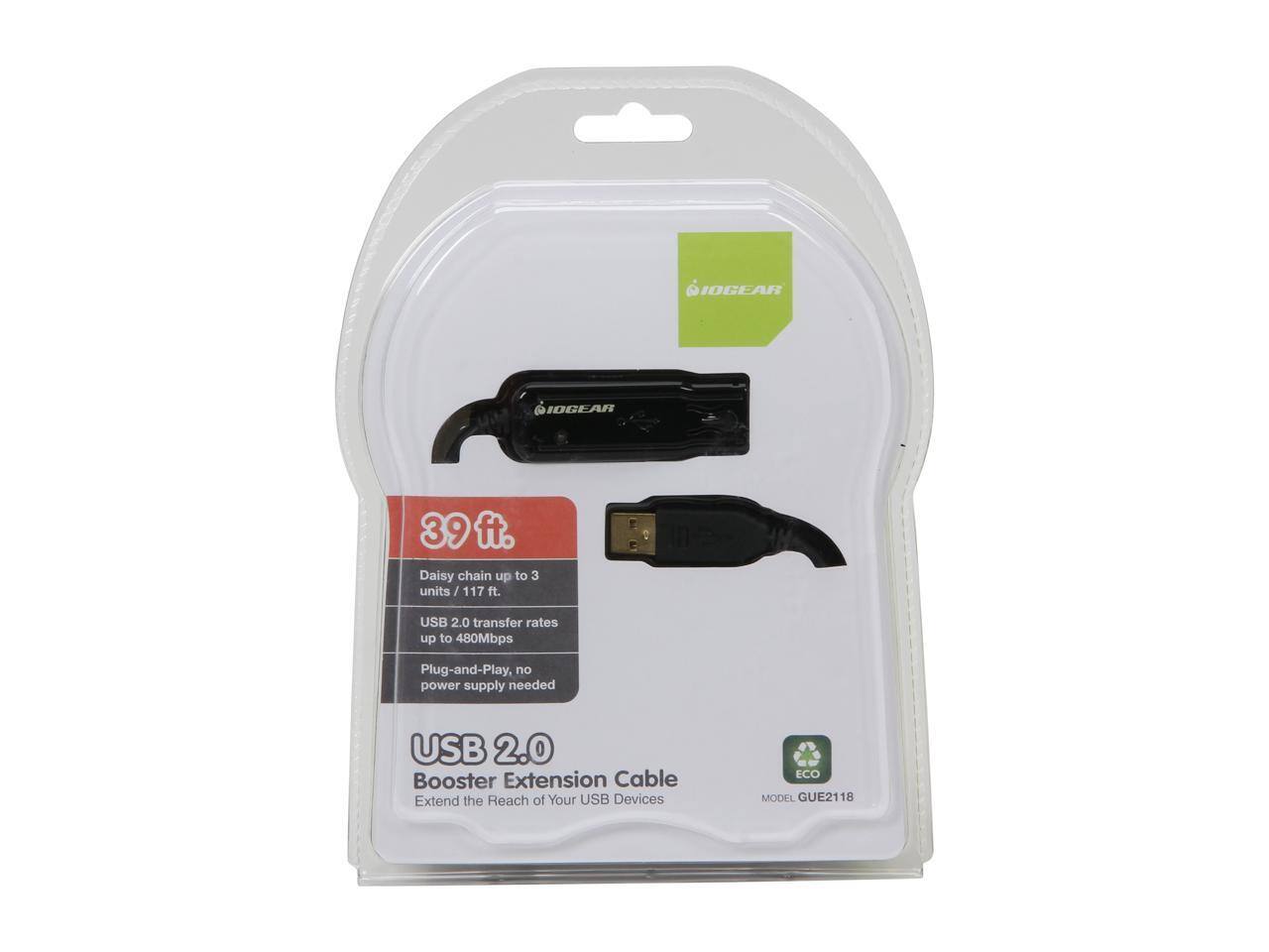 IOGEAR 39 ft. Daisy chain up to 3 units / 1 / 117 ft. USB 2.0 transfer rates up to 480Mbps Plug-and-Play, no power supply needed USB 2.0 Booster Extension Cable Extend the Reach of Your USB Devices ECO MODEL GUE2118