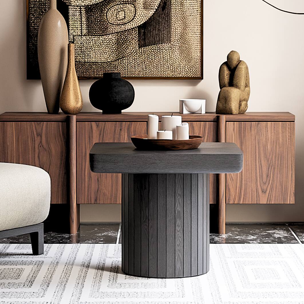 Left. Loheer - Loheer Modern Black Square End Table Solid Wood Veneer Side Table with Cylindrical Base for Living Room 23.6 Inch - Black.