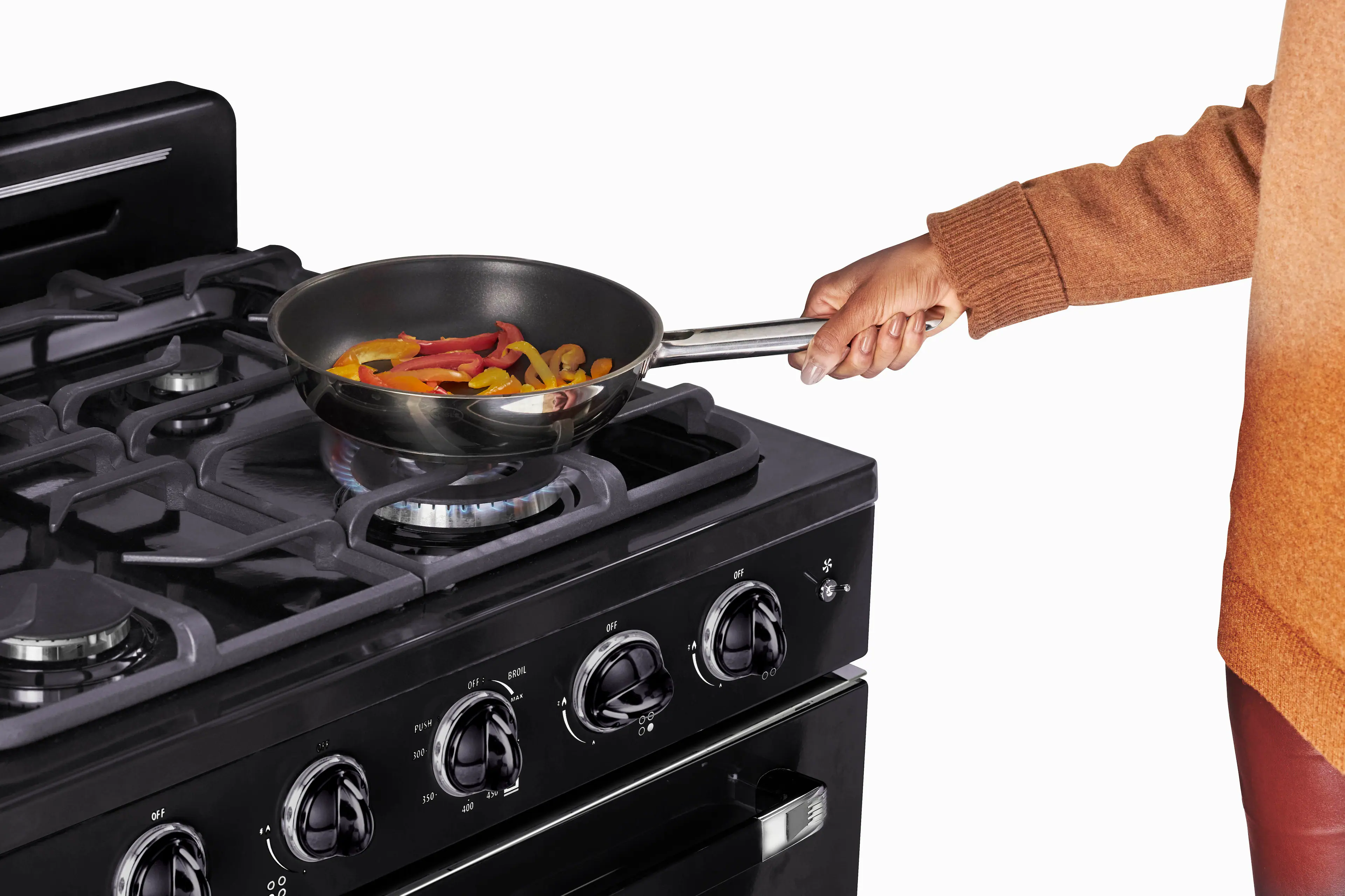 The text on the image reads "E mAE OFF r PUN AN 0 OFF ASO 4 00." However, it is not clear what this text is referring to or what it means. It is not related to the image of a person cooking food on a stove.