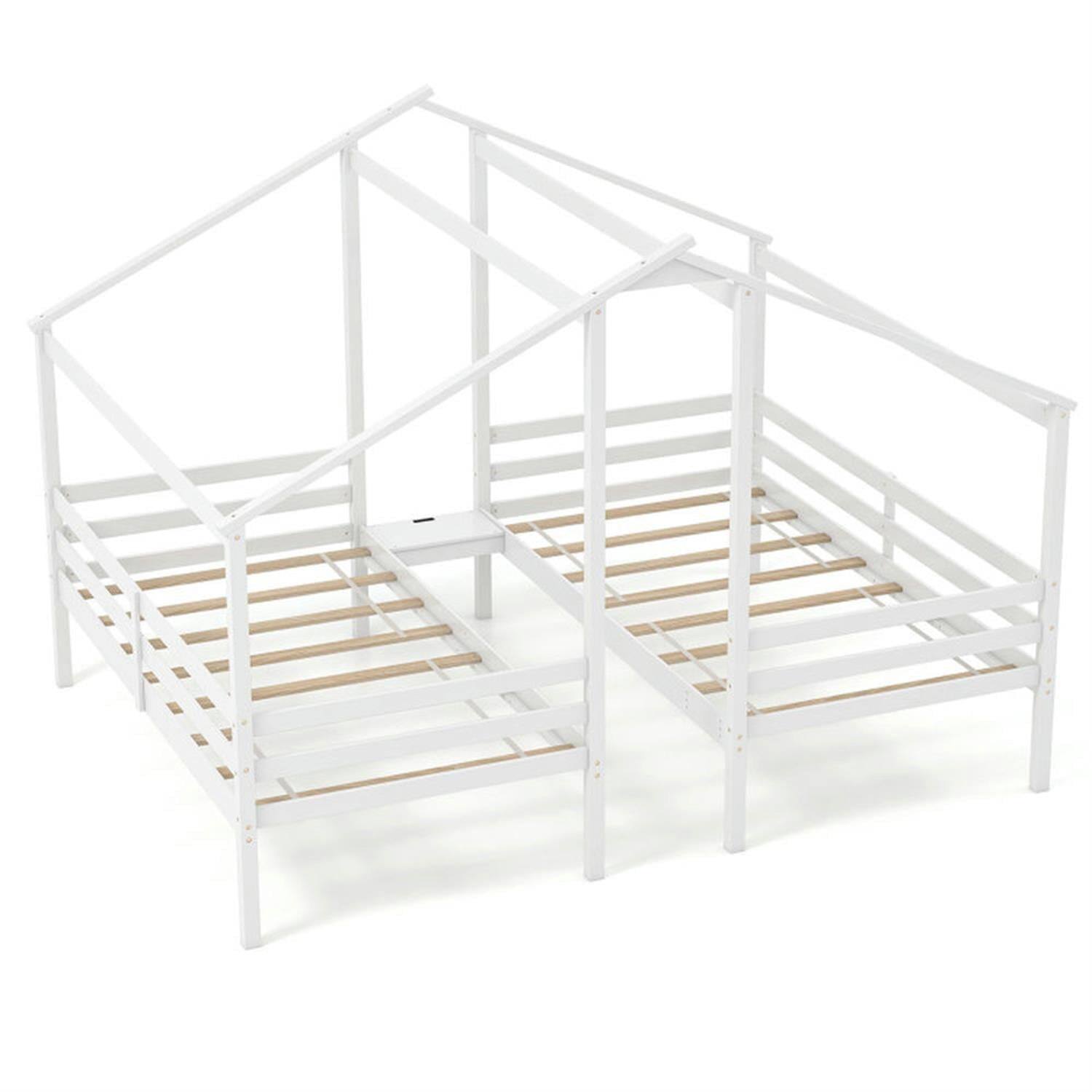 Front. Pefilos - Double Twin Size Wooden Bed Frames with Built-in Table, Modern House Bed for Teens, White - White.