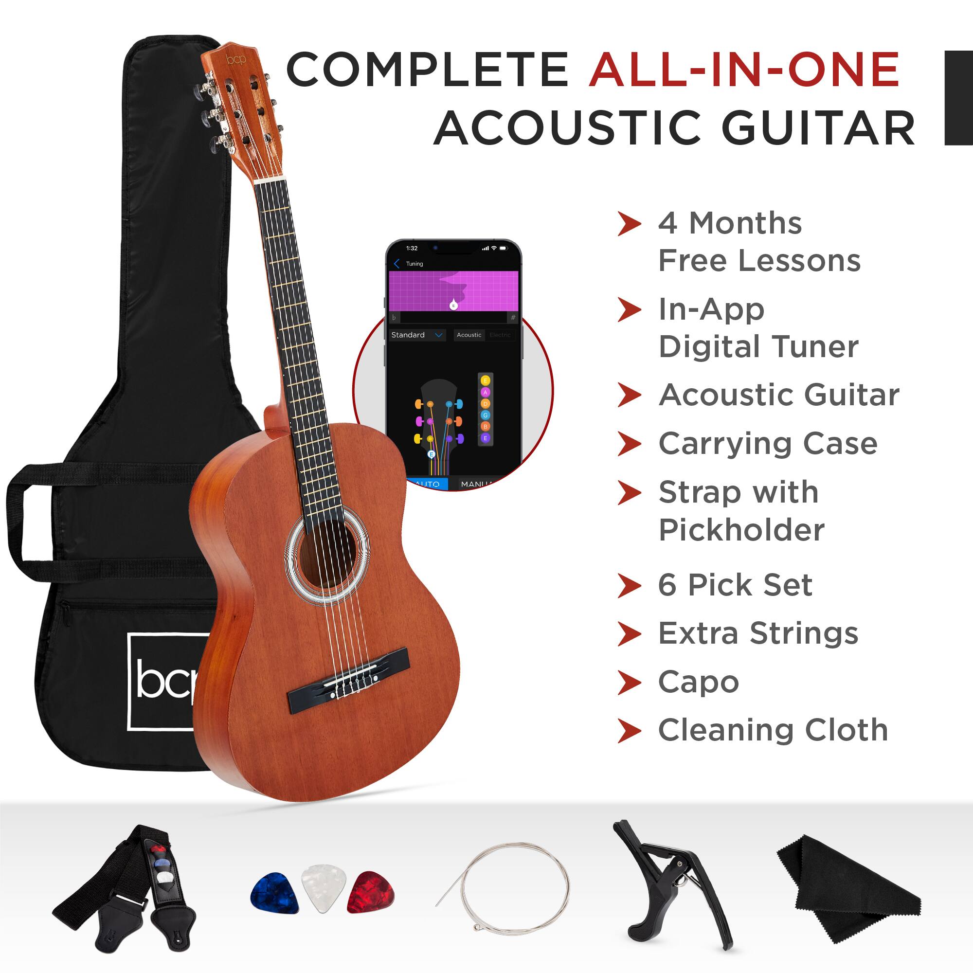 COMPLETE ALL-IN-ONE ACOUSTIC GUITAR

- 4 Months Free Lessons
- In-App Digital Tuner
- Acoustic Guitar
- Carrying Case
- Strap with Pickholder
- 6 Pick Set
- Extra Strings
- Capo
- Cleaning Cloth