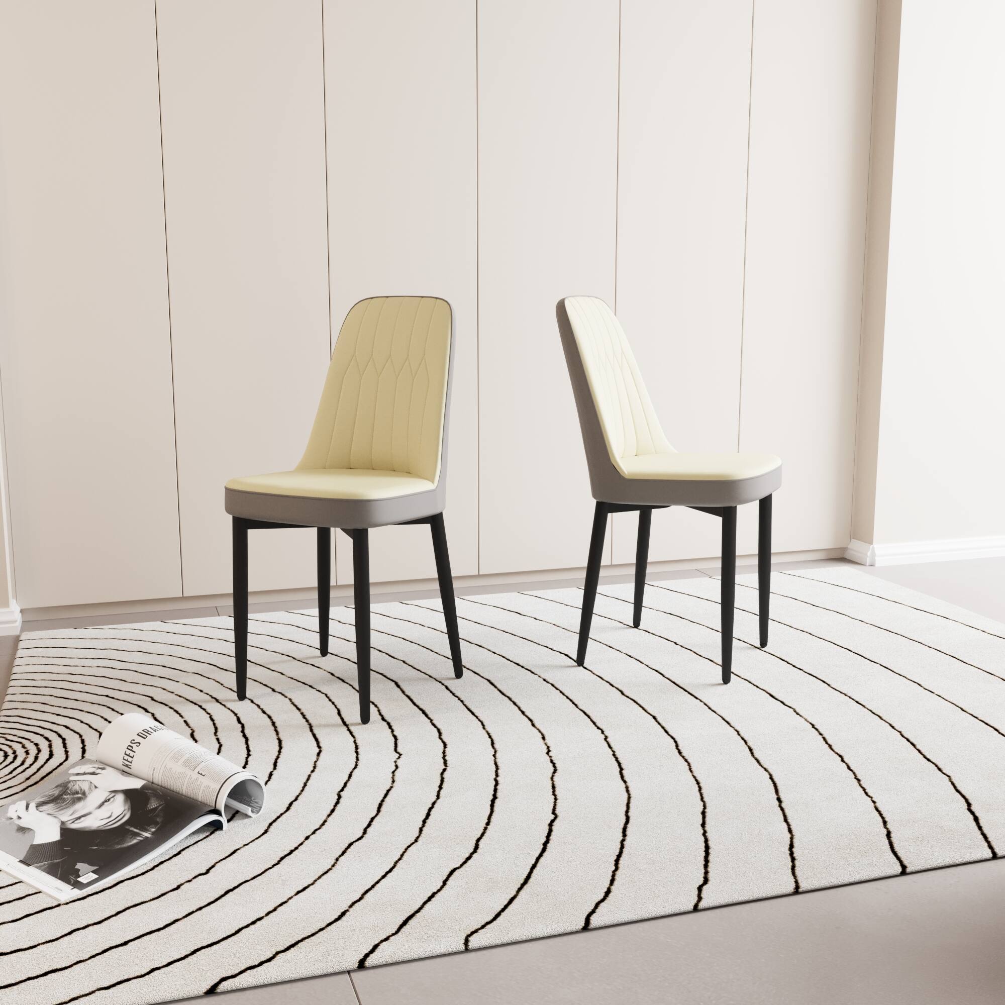 Left. Tiramisubest - Modern Style Dining Chair Set of 2 with Thick Cushions and Black Metal Legs in Beige and Grey PU Leather - Beige.