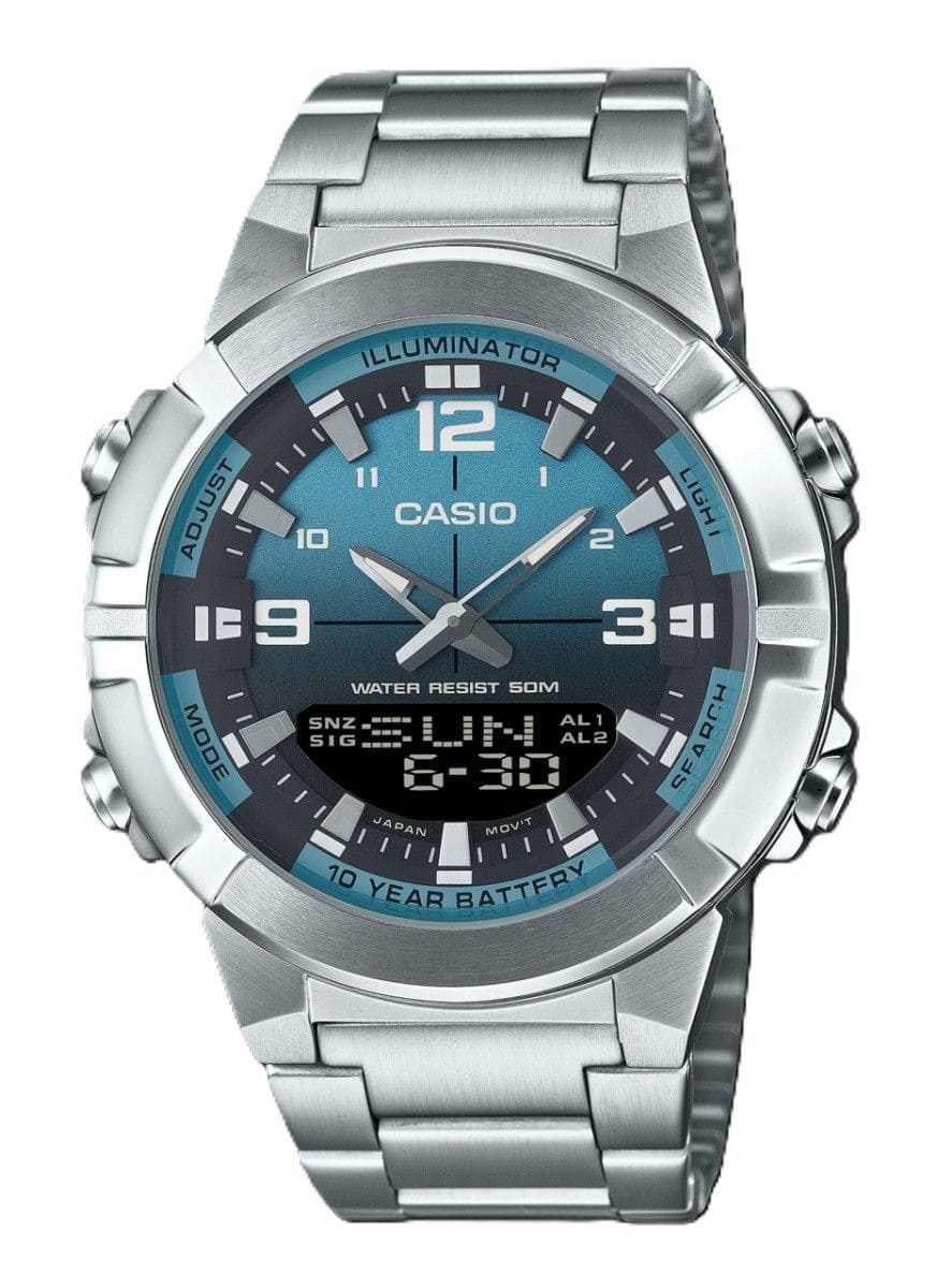 Casio - Illuminator Analog Digital Combination Quartz AMW-870DA-2A2V Mens Watch Stainless Steel Light Blue Dial - Silver, Blue