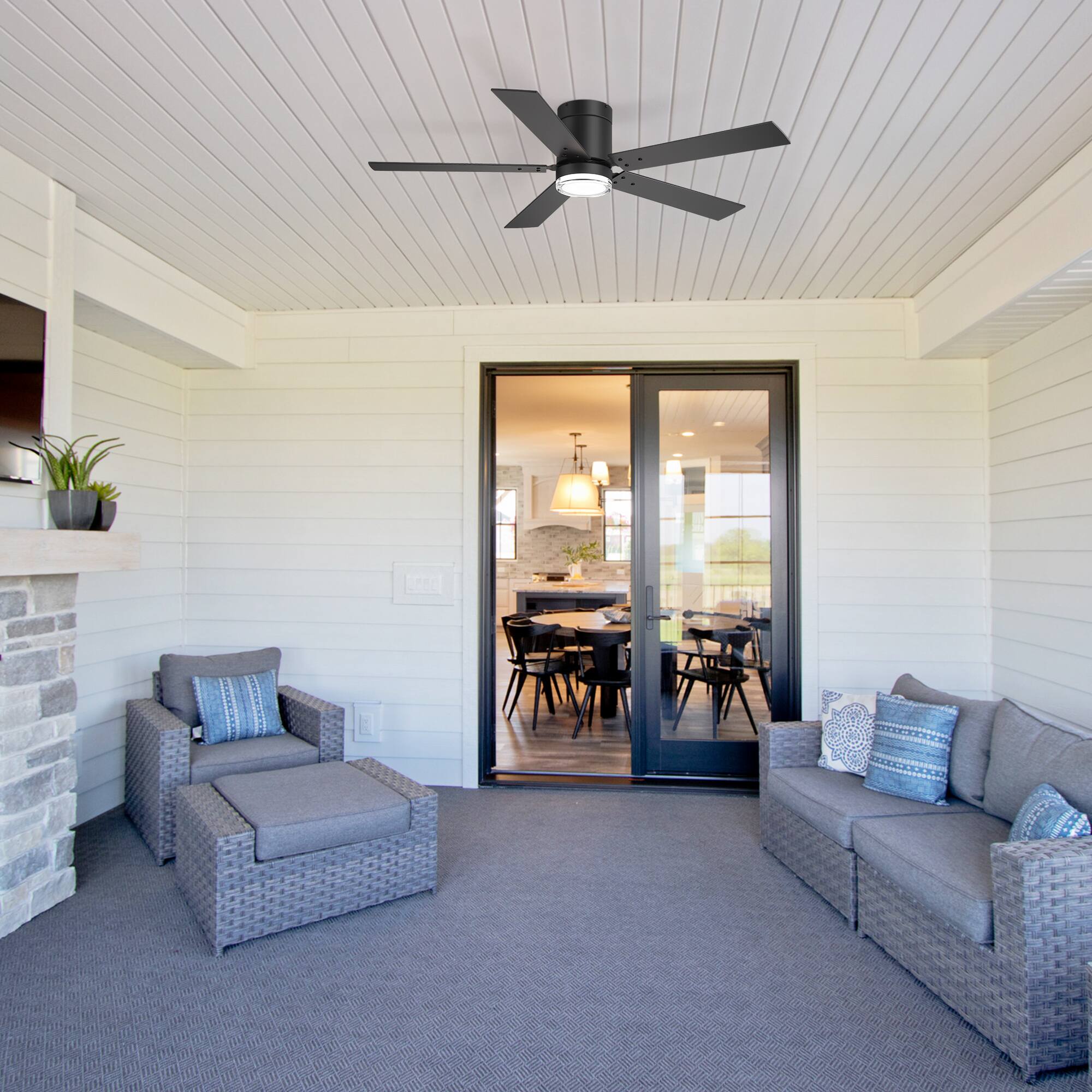 Alt View 1. Breezary - 52-Inch Modern Flush Mount Ceiling Fan with LED Light and Remote, Dual-layer acrylic shade, 5 Blades, DC Motor - black.