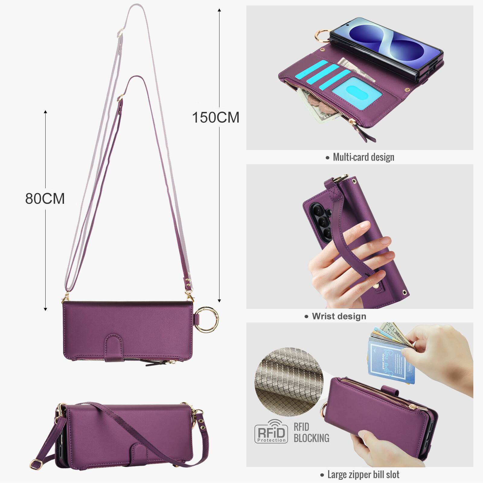 150CM  
Multi-card design  
80CM  
Wrist design  
RFID Protection BLOCKING  
Large zipper bill slot