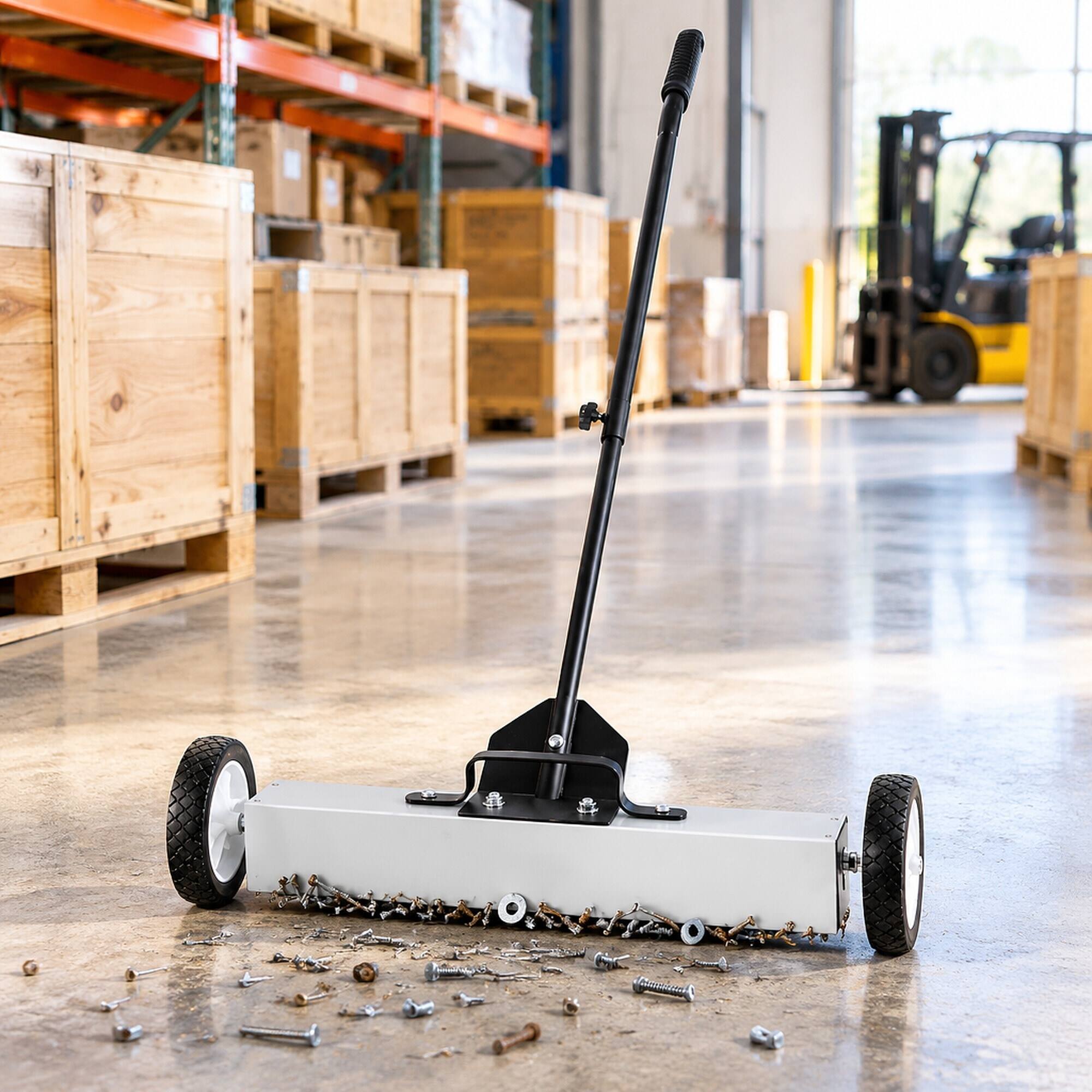 Left. RYHNUYNE - 50 lbs Rolling Magnetic Sweeper, 24 in Wide Pickup, Telescoping Handle, Push-Type Yard and Garage Cleanup Tool - White.