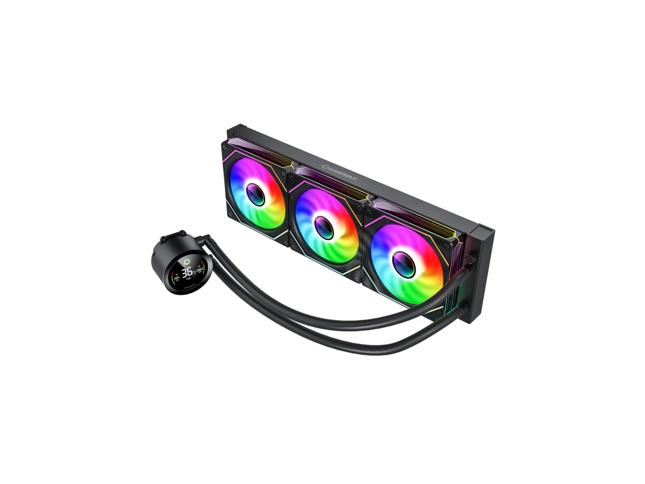 Alt View 2. GAMEMAX - GAMEMAX  IceBurg 360 Digital BK, Liquid CPU Cooler 360mm Addressable ARGB Pump Fans 290W TDP AIO Water Cooler - Black.