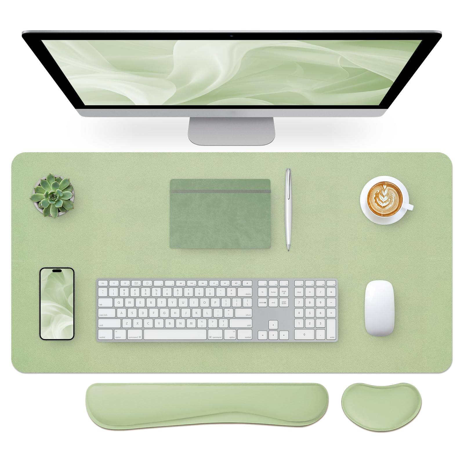 Comfort Essence - Leather Desk Pad And Wrist Rest Large Mouse Padmouse Support Non-slip Mat Protector For Office Home31.515.7 - Green-wrist Rest-15.7" x 35.4"