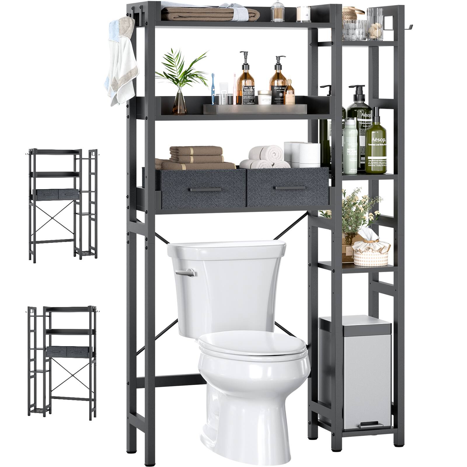 Alt View 2. Aheaplus - Over the Toilet Storage with 2 Drawers, 7-Tier Freestanding Space Save Bathroom Organizer Shelf with 4 Hooks - Black.