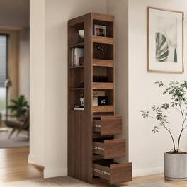 RYHNUYNE - 70.87 in H Display Storage Cabinet with 3 Side Drawers and 4 Shelves Particle Board Tall Bookshelf - Brown