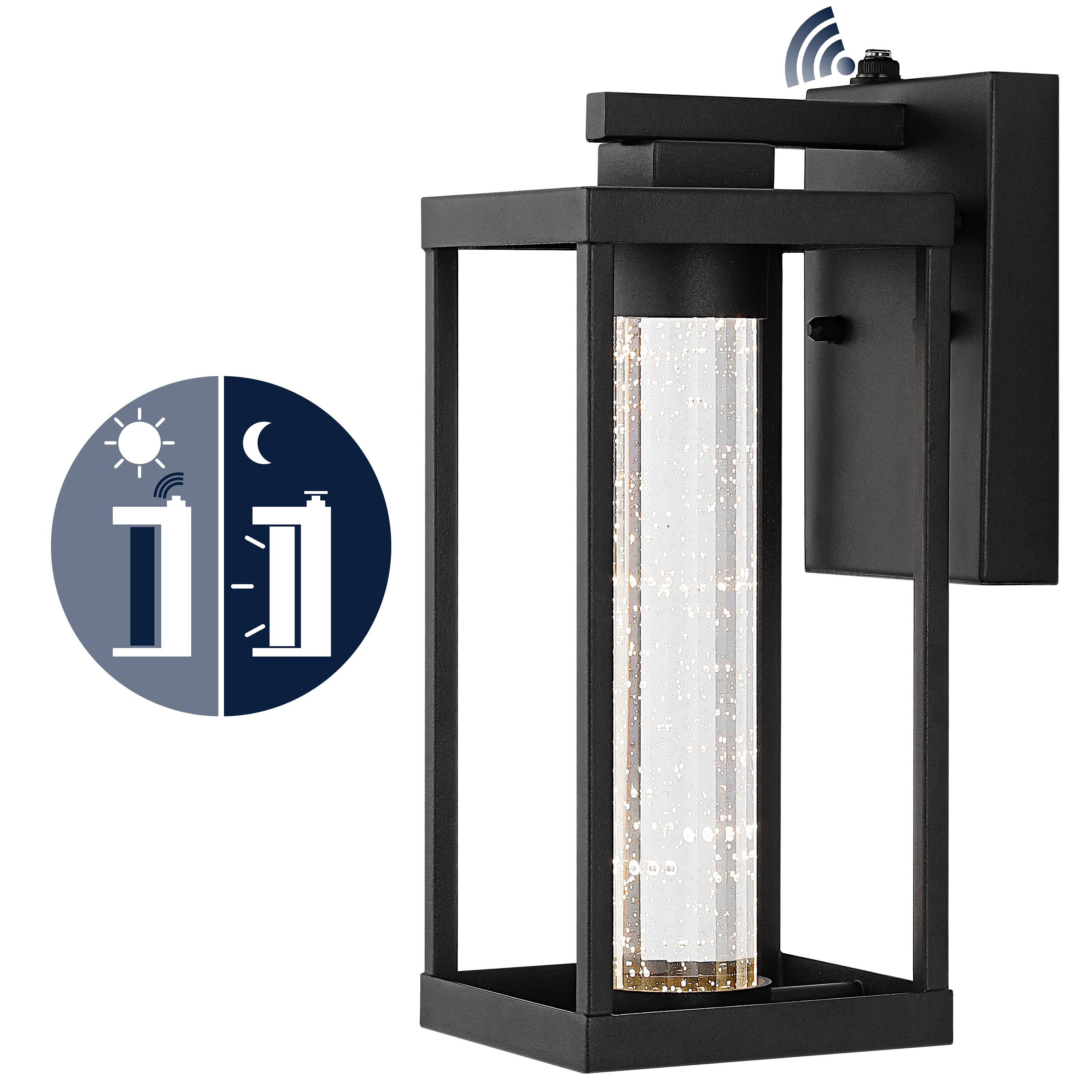 Front. Jonathan Y - Juno 4.75" 1-Light Industrial Vintage Iron/Seeded Glass with Dusk-to-Dawn Sensor Integrated LED Outdoor Sconce, Black - Black.