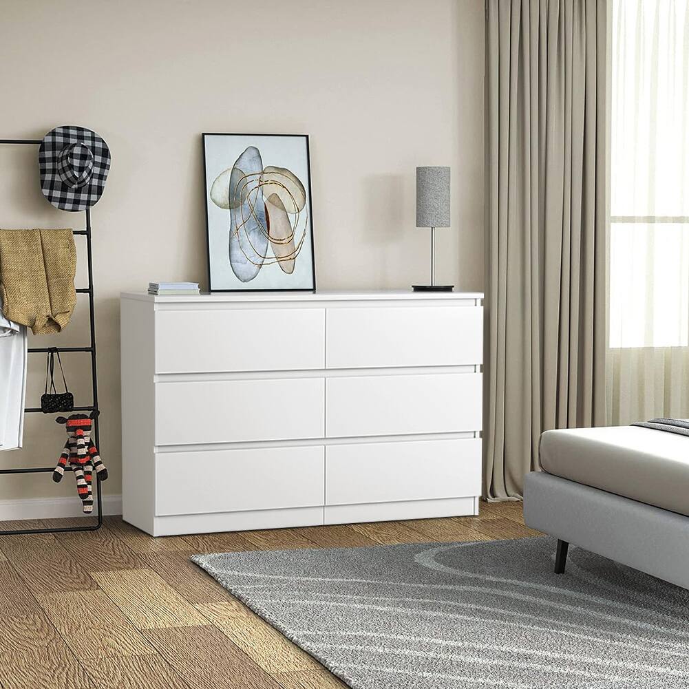 Angle. Spaco - Modern 6 Drawer Dresser Table, Storage Cabinet, Minimalist Chest, TV Stand Vanity For Bedroom, Living Room - White.