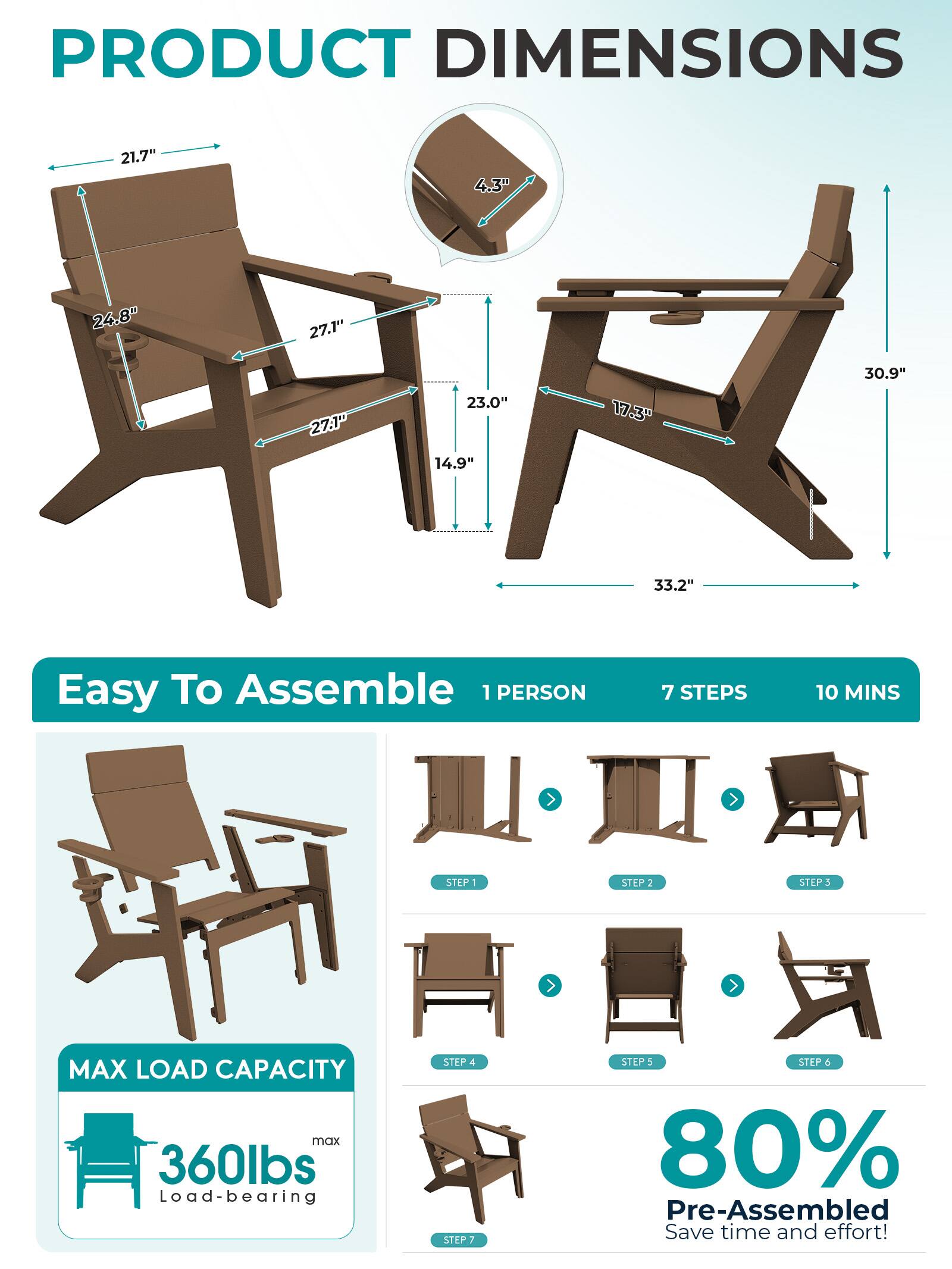 PRODUCT DIMENSIONS
21.7"
4.3"
24.8"
27.1"
27.1"
23.0"
17.3"
30.9"
14.9"
33.2"

Easy To Assemble 1 PERSON
7 STEPS
10 MINS
STEP 1
STEP 2
STEP 3
STEP 4
STEP 5
STEP 6
STEP 7

MAX LOAD CAPACITY max 360lbs load-bearing

80% Pre-Assembled Save time and effort!