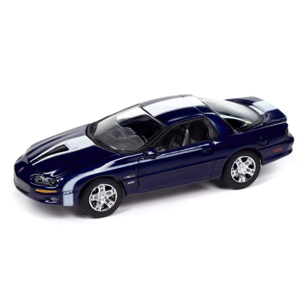 Angle. Johnny Lightning - 2002 Chevrolet Nickey Camaro ZL1 Navy Blue Metallic with White Stripes "Muscle Cars USA" Series 1/64 - Navy Blue Metallic.