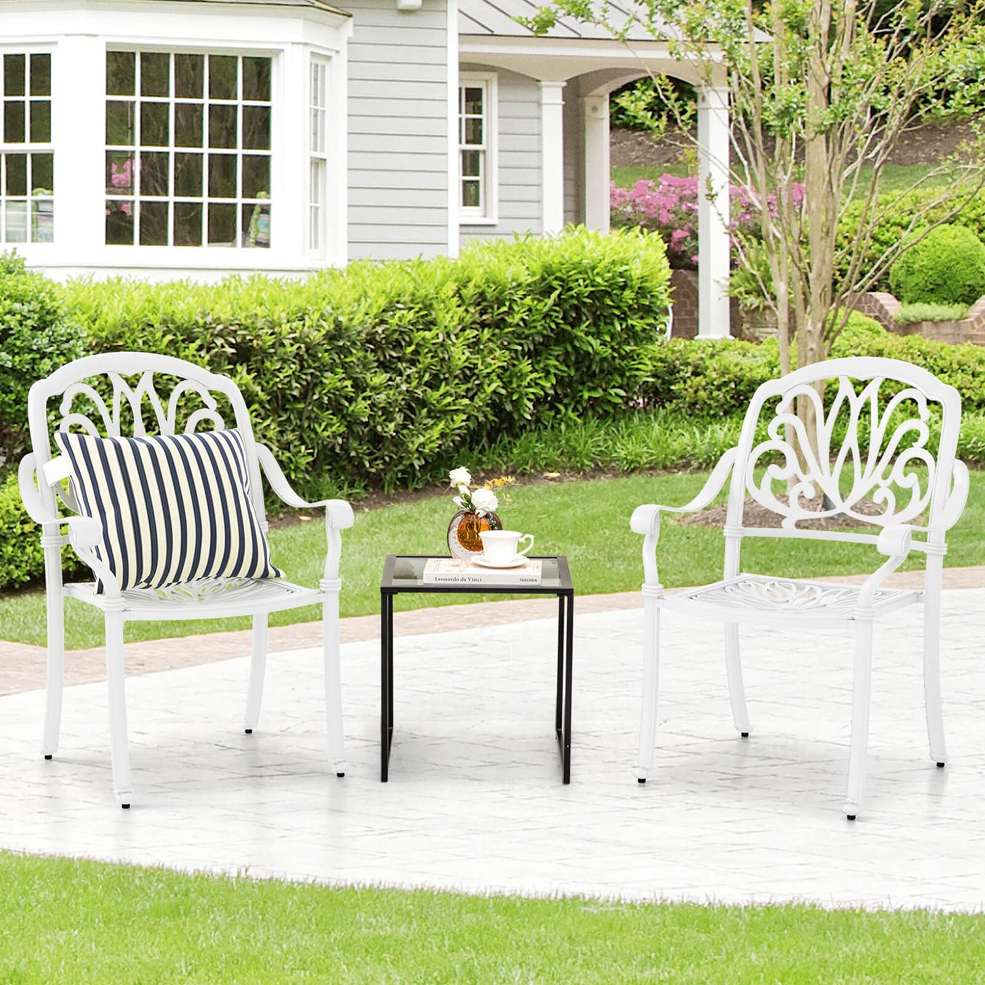 Back. Costway - 4 PCS Patio Cast Aluminum Dining Chairs Armrests Outdoor Stackable - White.