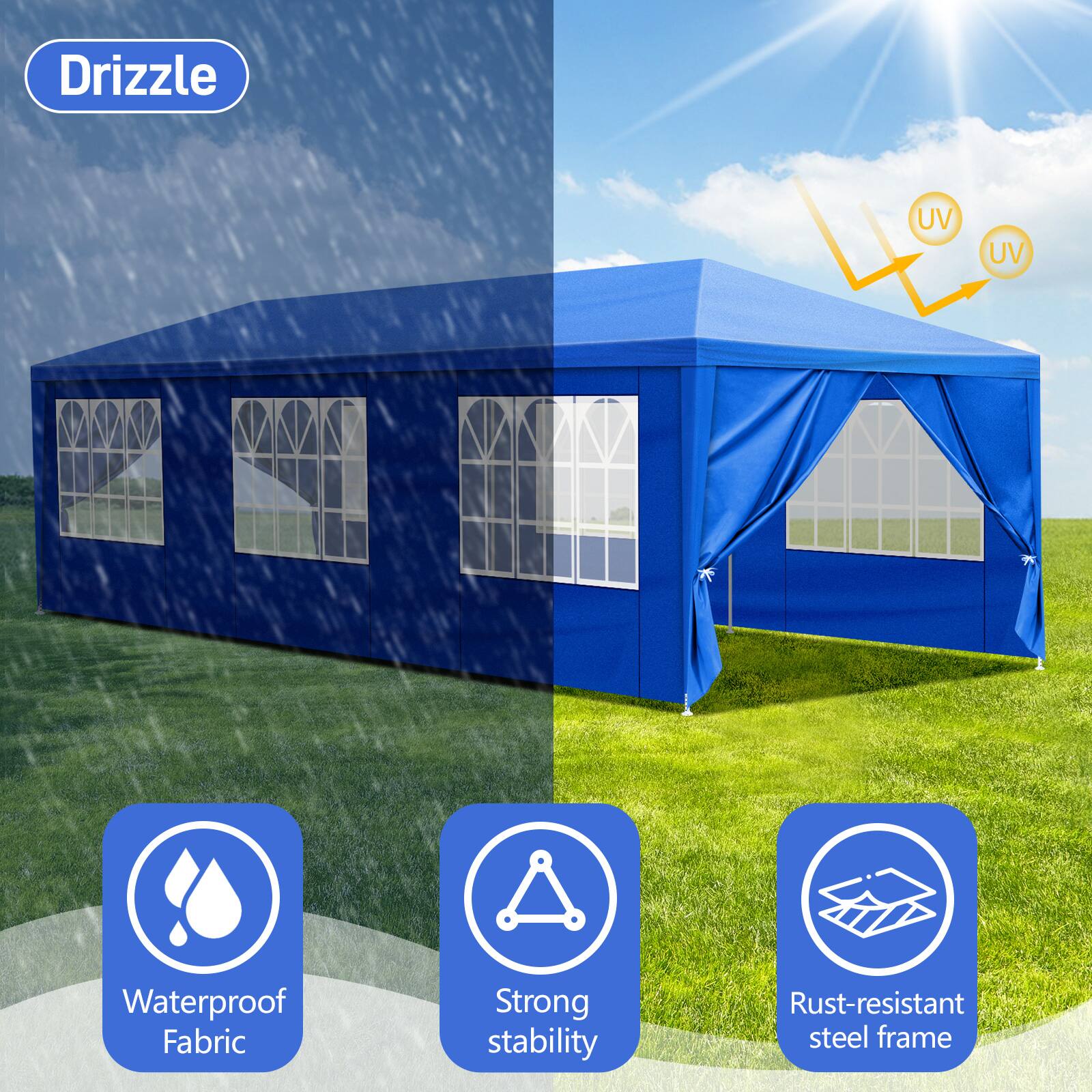 Drizzle

- UV Protection
- Waterproof Fabric
- Strong Stability
- Rust-resistant Steel Frame