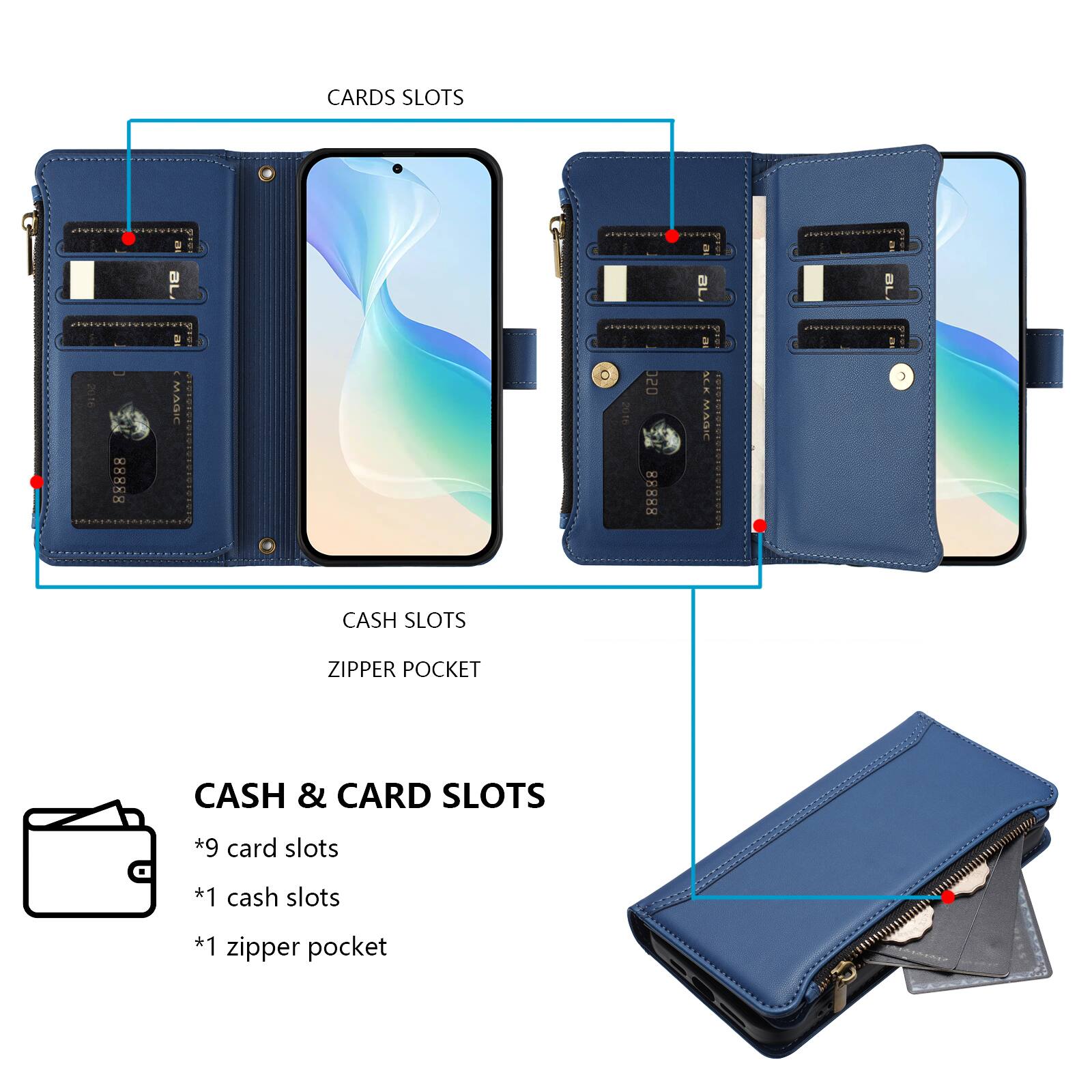 CARDS SLOTS

CASH SLOTS

ZIPPER POCKET

CASH & CARD SLOTS
*9 card slots
*1 cash slots
*1 zipper pocket