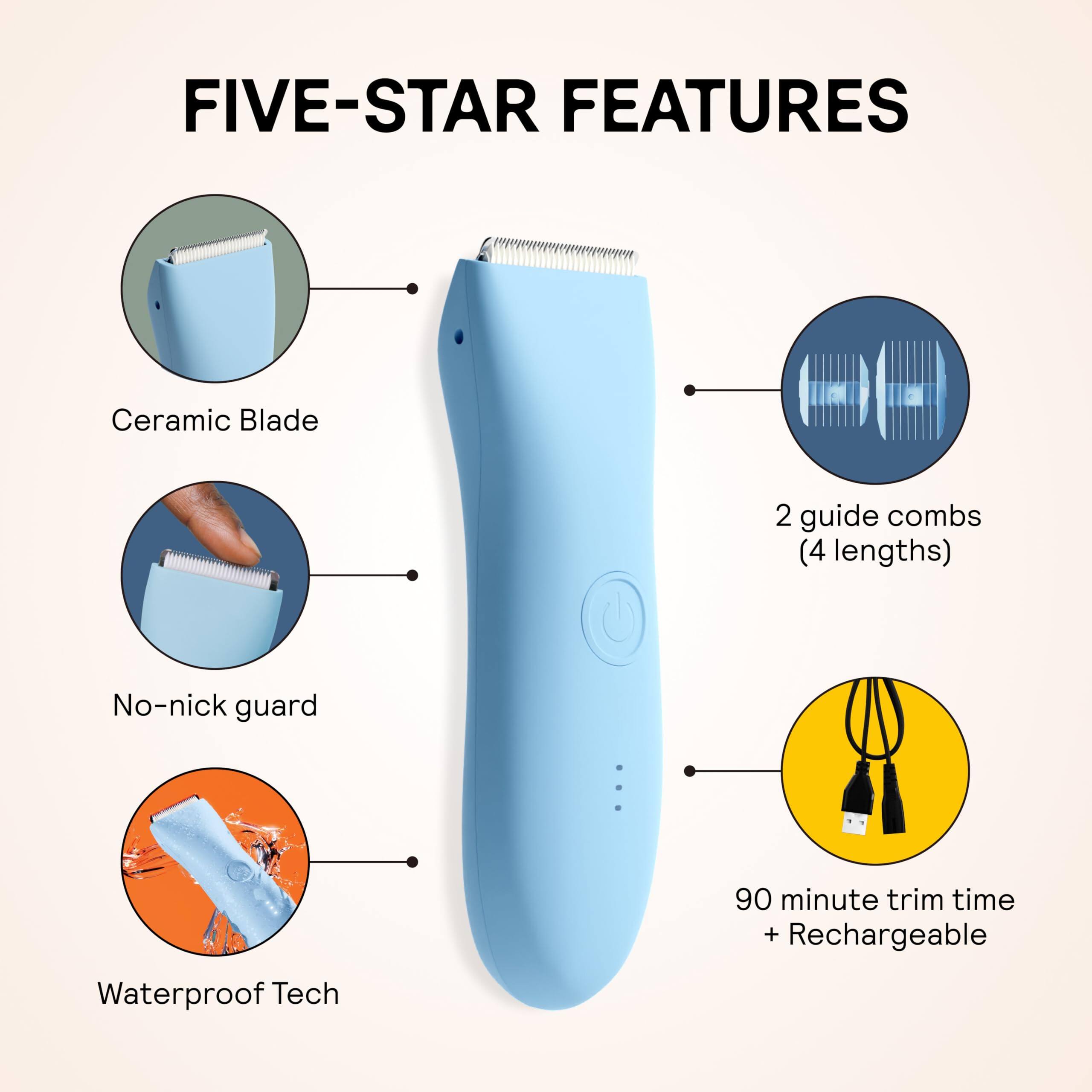FIVE-STAR FEATURES  
- Ceramic Blade  
- 2 guide combs (4 lengths)  
- No-nick guard  
- Waterproof Tech  
- 90 minute trim time + Rechargeable