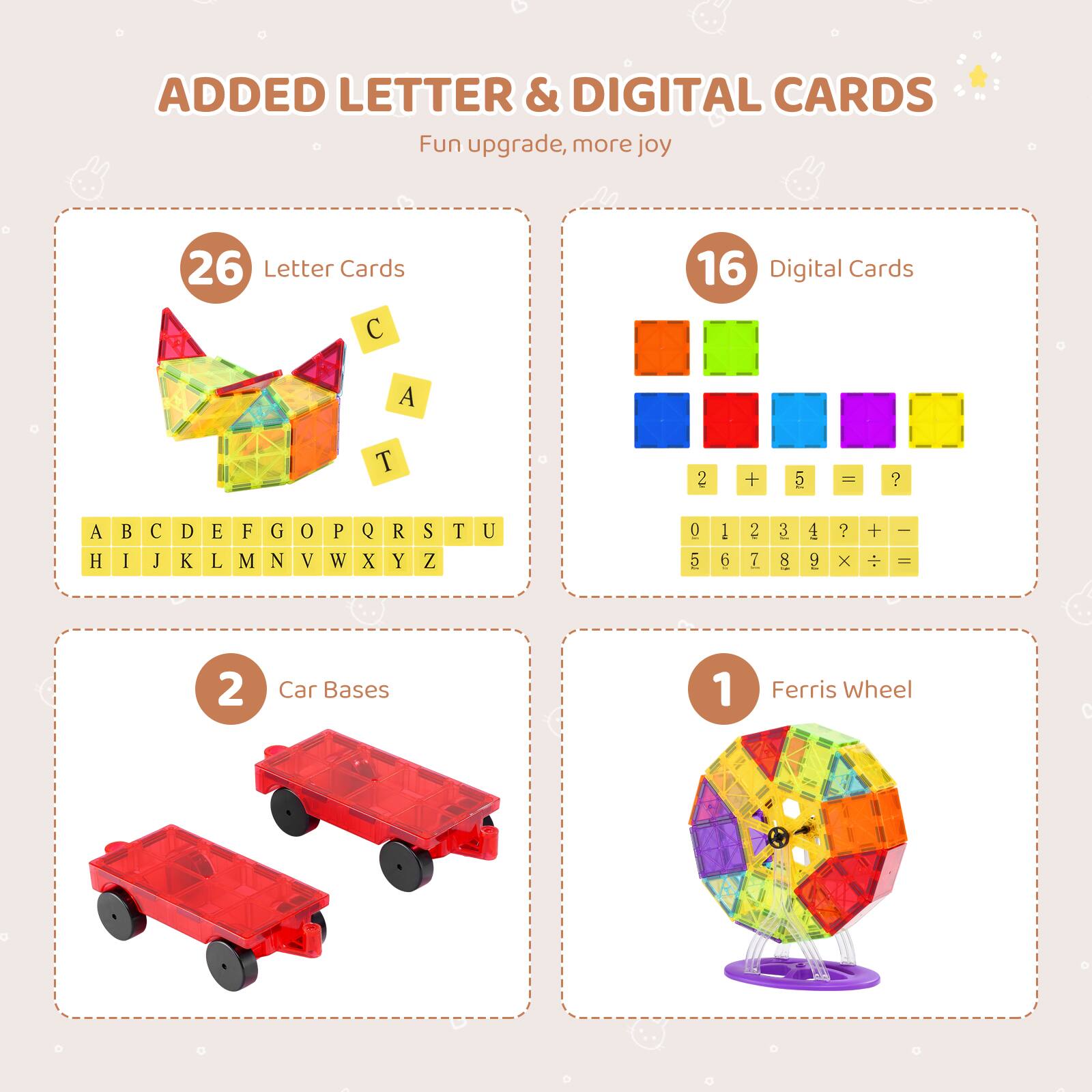 ADDED LETTER & DIGITAL CARDS  
Fun upgrade, more joy  

26 Letter Cards  
A B C D E F G H I J K L M N O P Q R S T U V W X Y Z  

16 Digital Cards  
2 + 5 = ?  
0 1 2 3 4 5 6 7 8 9 × ÷ =  

2 Car Bases  

1 Ferris Wheel