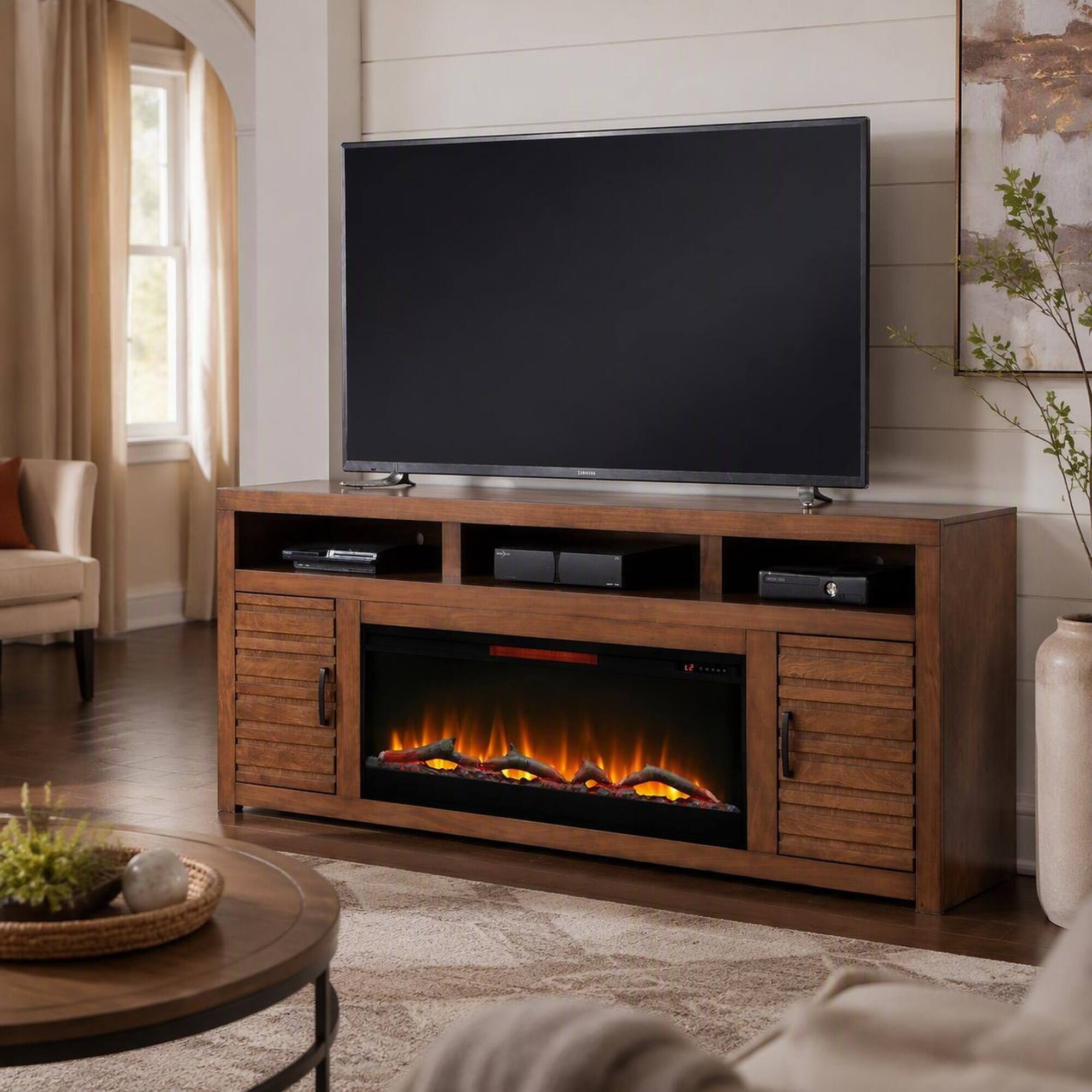 Angle. RYHNUYNE - 78 Inch Sausalito Fireplace TV Stand, Fits Up To 90 Inch TVs For Modern Living Room Media Storage Warm Ambience - Brown.