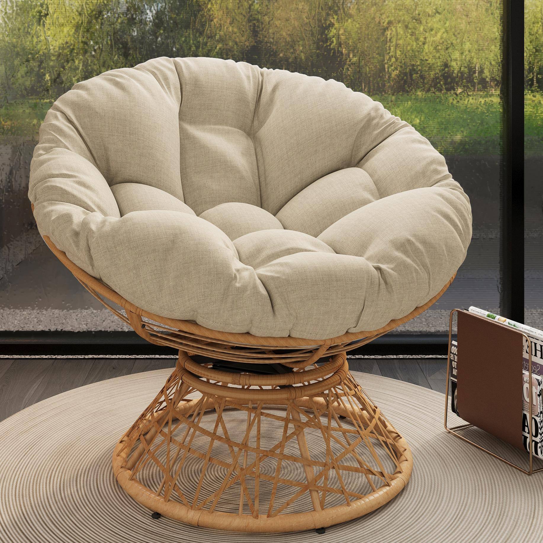 Alt View 1. Ecooso - 40" Ergonomic Wicker Chair with Cloud Thick Density Fabric Cushion,Iron Frame,Fluid 360 Degree Swivel Natural Base - Beige,Natural Wood.