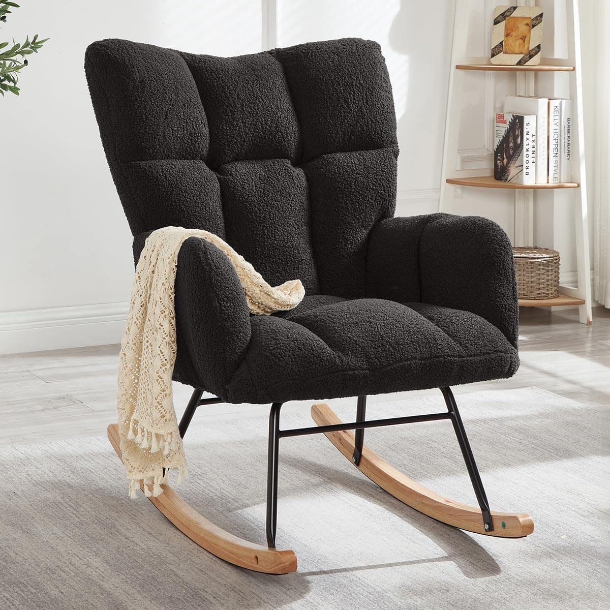 Trinkets Crazed - Tufted Upholstered Teddy Fabric Rocking Chair with Metal Frame Accent Chair Glider Chair for Living Room - dark gray