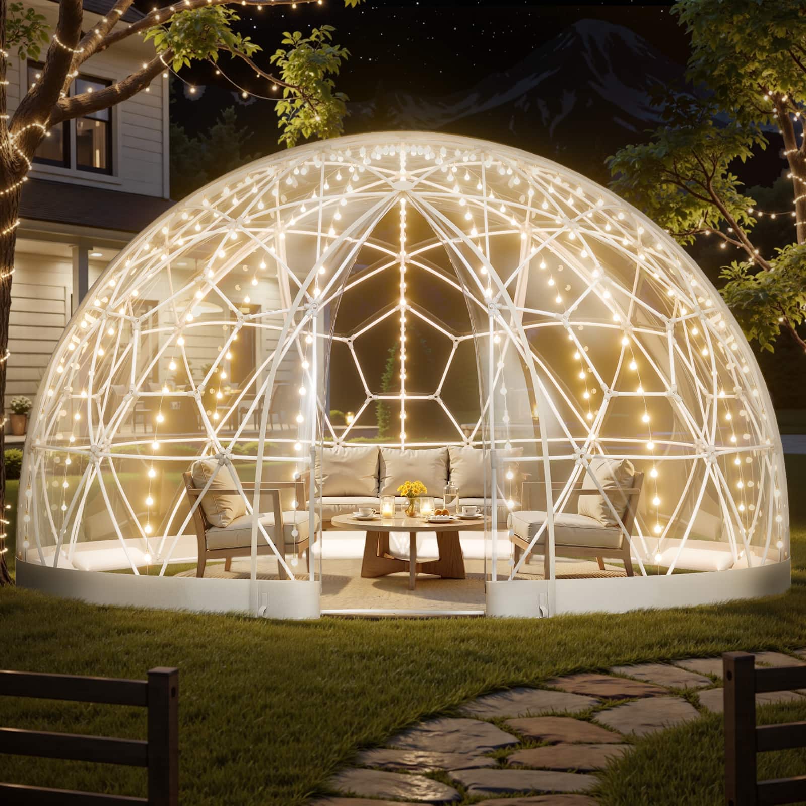 Front. VEVOR - Outdoor clear bubble tent, 15 x 9.5 ft Outdoor Clear Bubble Tent for 10-14 Person, Weatherproof Geodesic Dome Greenhouse - White + Transparent.